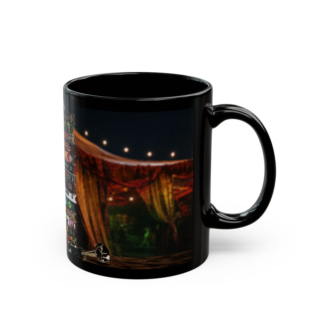 Gothic Horror Bookstack Black Coffee Mug — Vintage Circus, Witchy Reading Vibe (11oz/15oz)