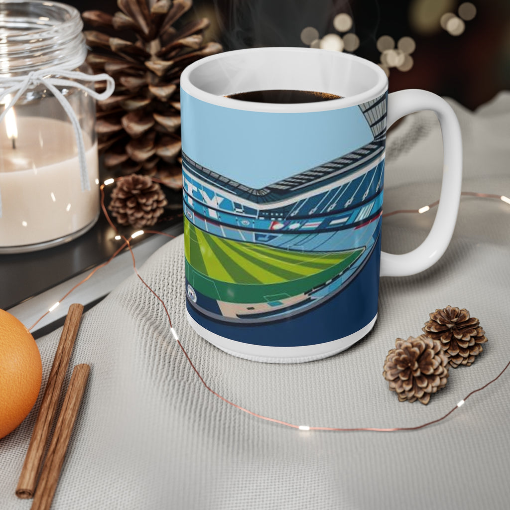 Manchester City Etihad Stadium Panorama Mug — Soccer Pitch Ceramic Coffee Cup (11oz & 15oz)