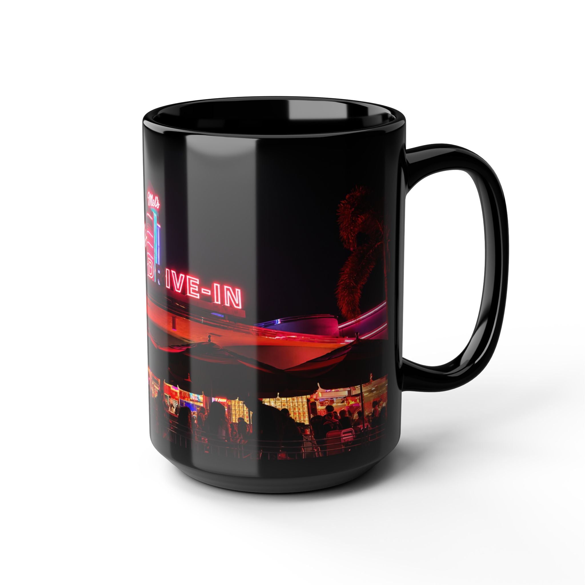 Mel's Drive-In Neon Night Coffee Mug — Retro Diner Black Ceramic Mug (11oz, 15oz)
