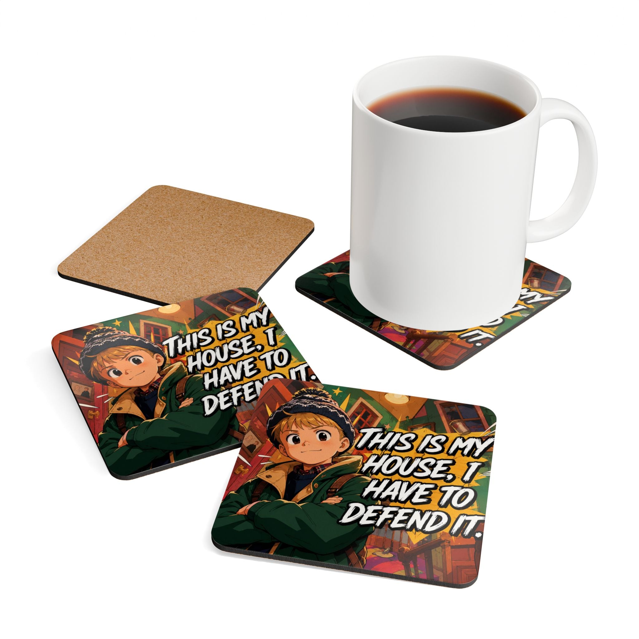 Home Alone Inspired Anime Quote Cork Coaster Set — “This Is My House, I Have To Defend It”