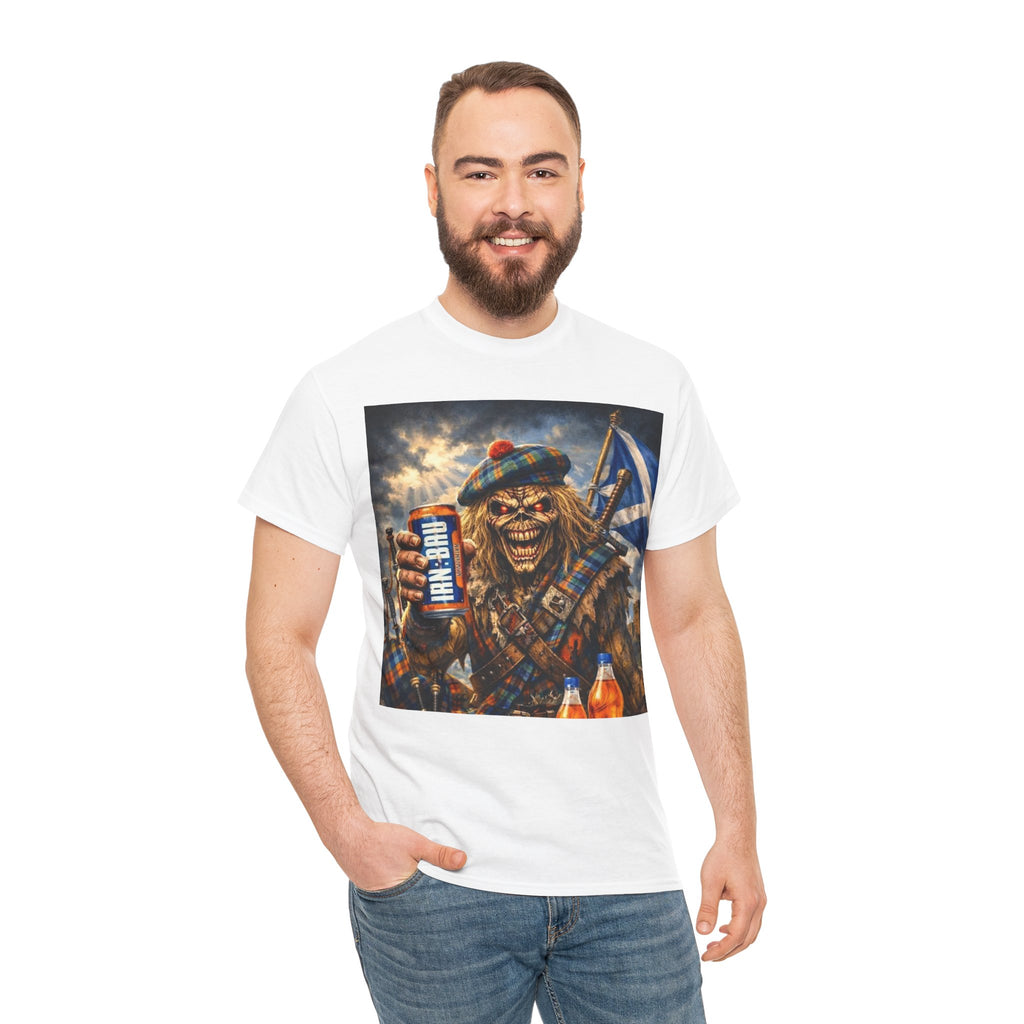Scottish Rock Skull T‑Shirt — Eddie the Piper with Flag & Can Graphic Tee
