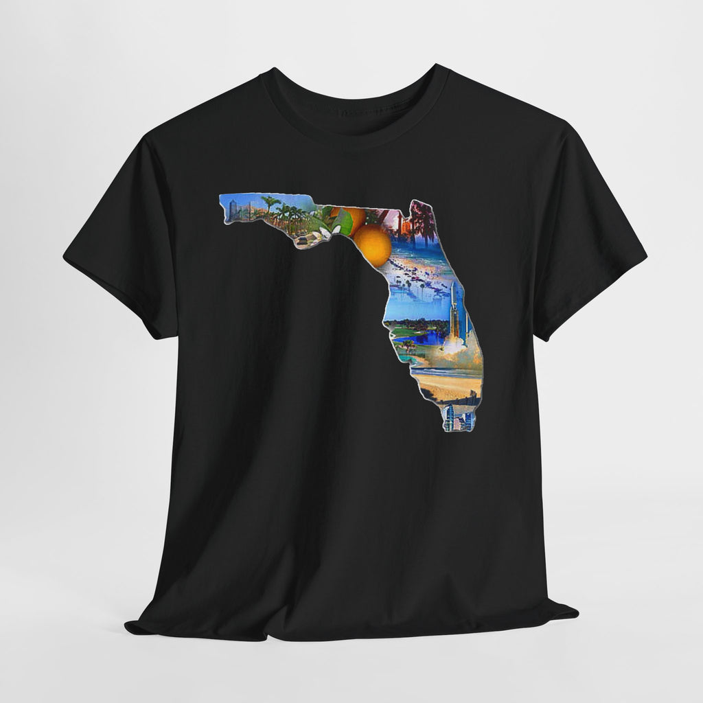 Florida State Shape T-Shirt — Scenic Beach & Sunset Map Tee
