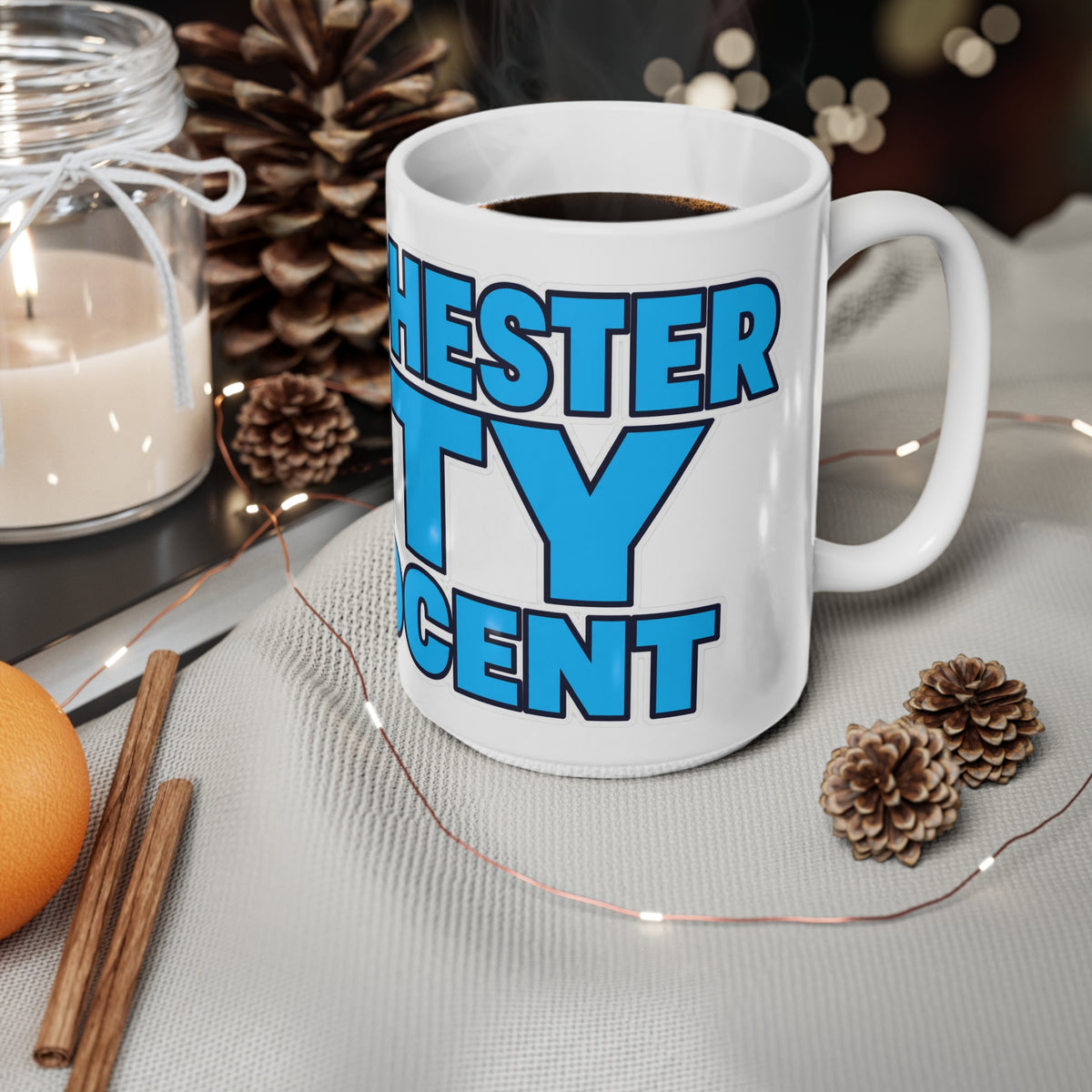 Manchester City Innocent Coffee Mug — Bold Blue Typography 11oz/15oz