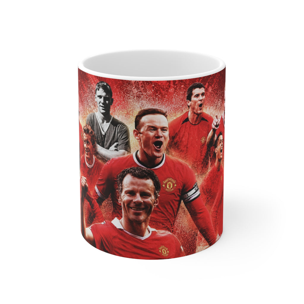 Manchester United Football Legends Ceramic Mug — Retro Soccer Team Collage (11oz, 15oz)