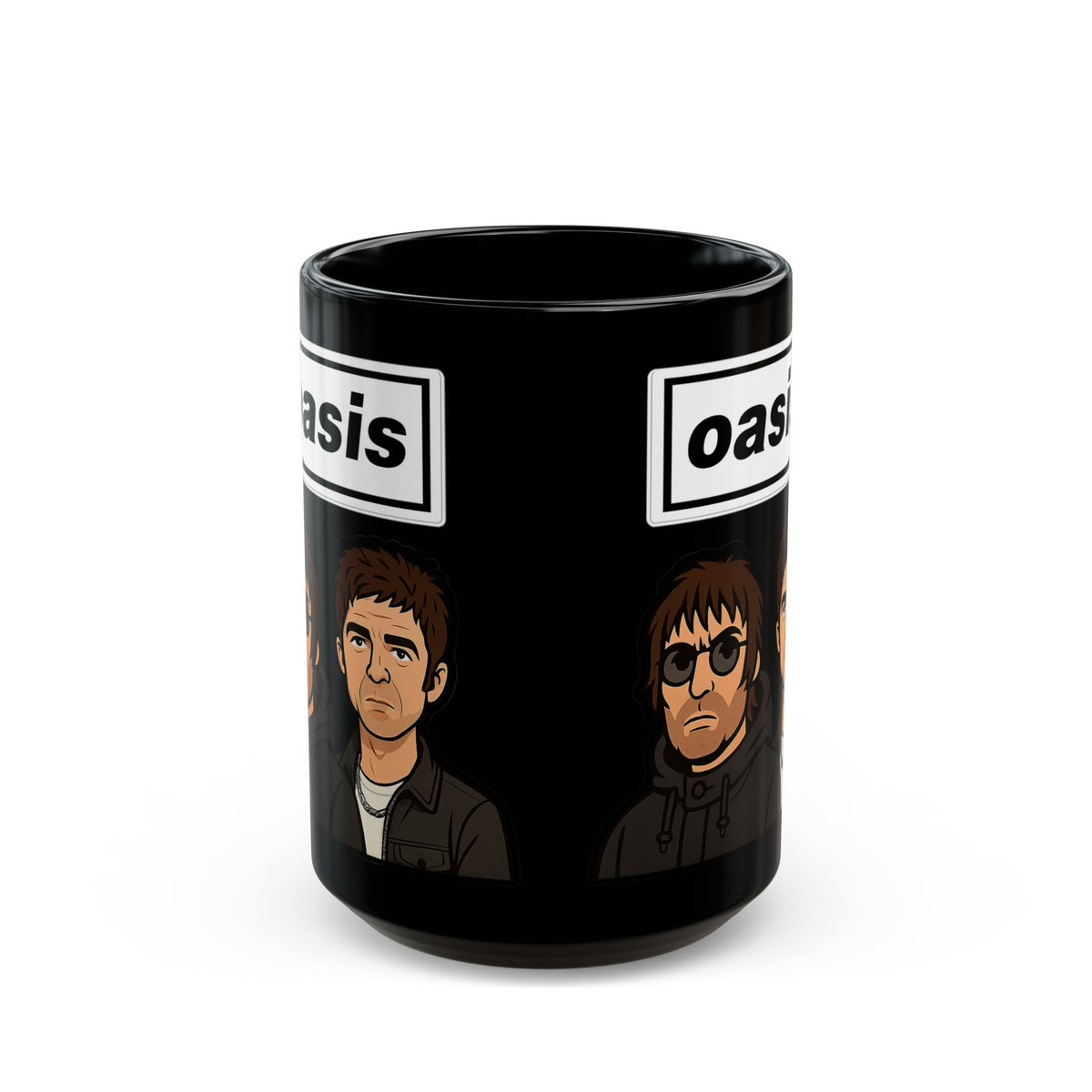 Oasis Inspired Cartoon Band Black Mug — Liam & Noel Ceramic Coffee Cup (11oz/15oz)