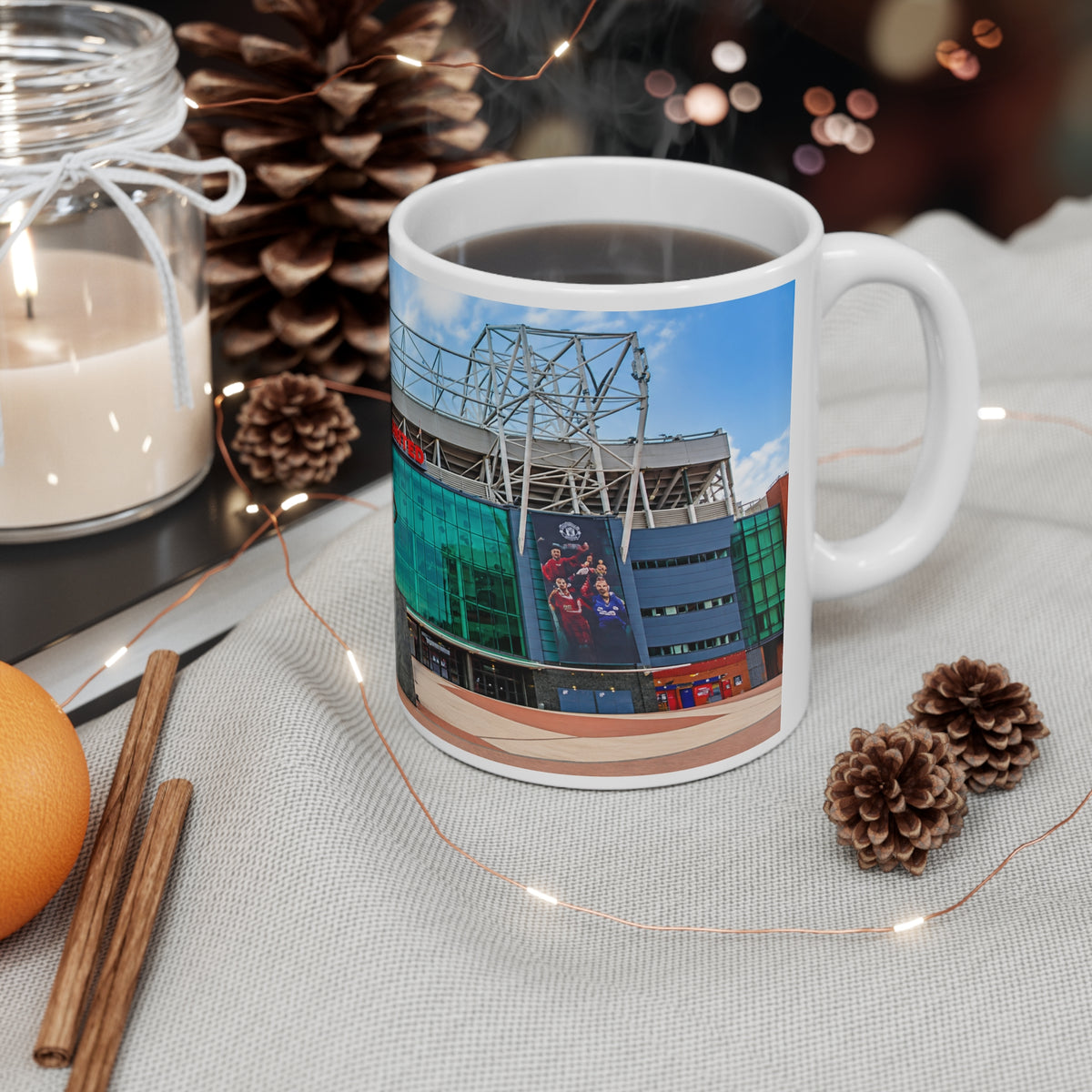 Manchester United Old Trafford Stadium Front Ceramic Coffee Mug — Iconic Football Statue & Facade 11oz/15oz