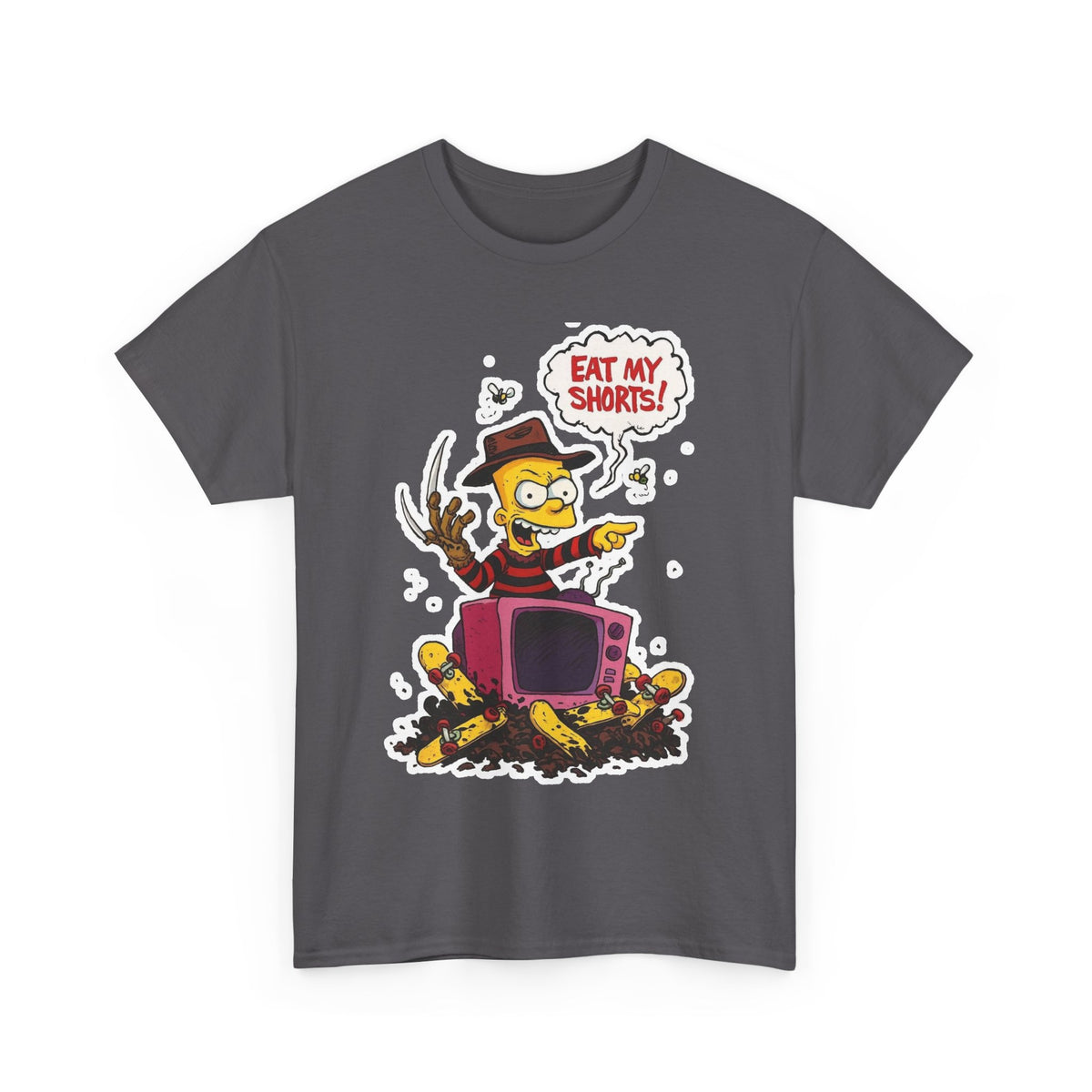 Horror TV Mashup Tee — “Eat My Shorts!” Retro Cartoon Tee