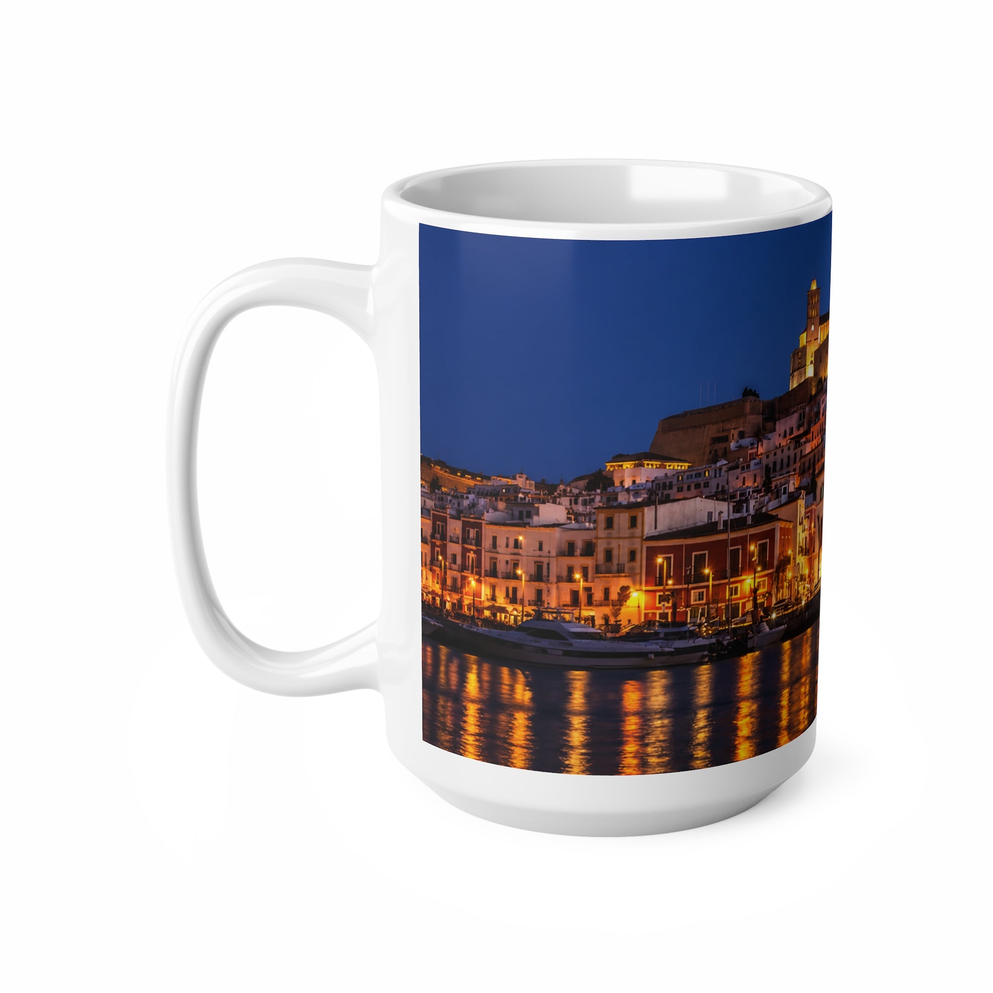Night Harbor Cityscape Mug — Coastal Italy Evening Panorama Ceramic Coffee Cup (11oz, 15oz)
