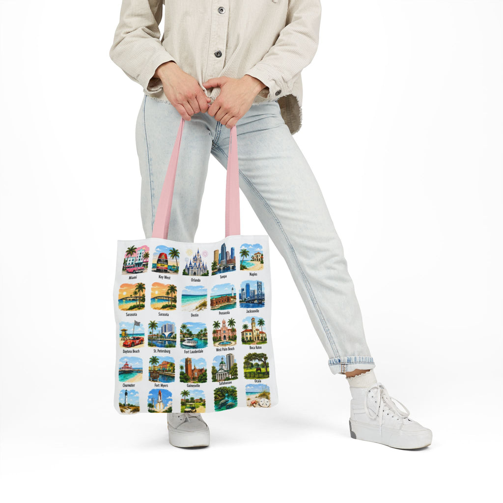 Florida City Landmark Collage Canvas Tote Bag — Vintage Travel Icons Print
