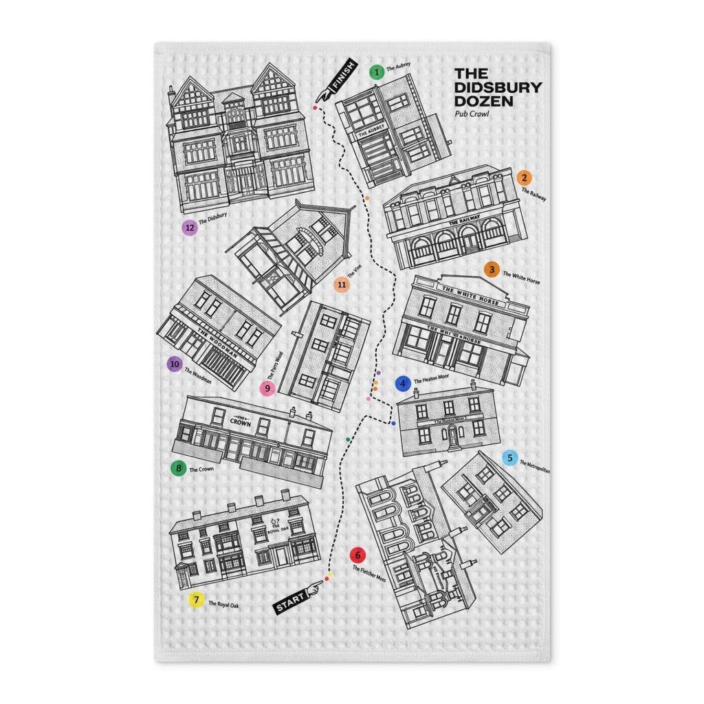Disodbury Dozen Waffle Tea Towel — Illustrated Local Buildings Double-Sided Kitchen Towel