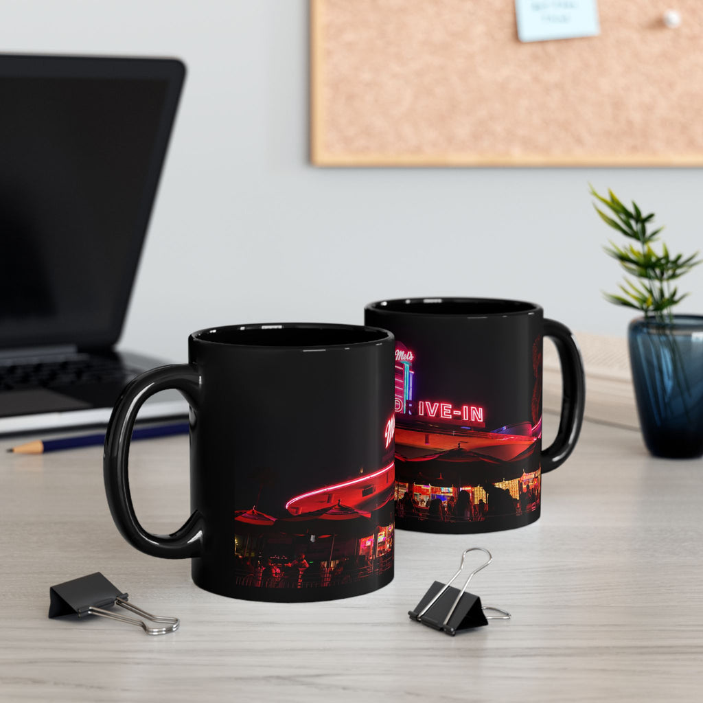 Mel's Drive-In Neon Night Coffee Mug — Retro Diner Black Ceramic Mug (11oz, 15oz)
