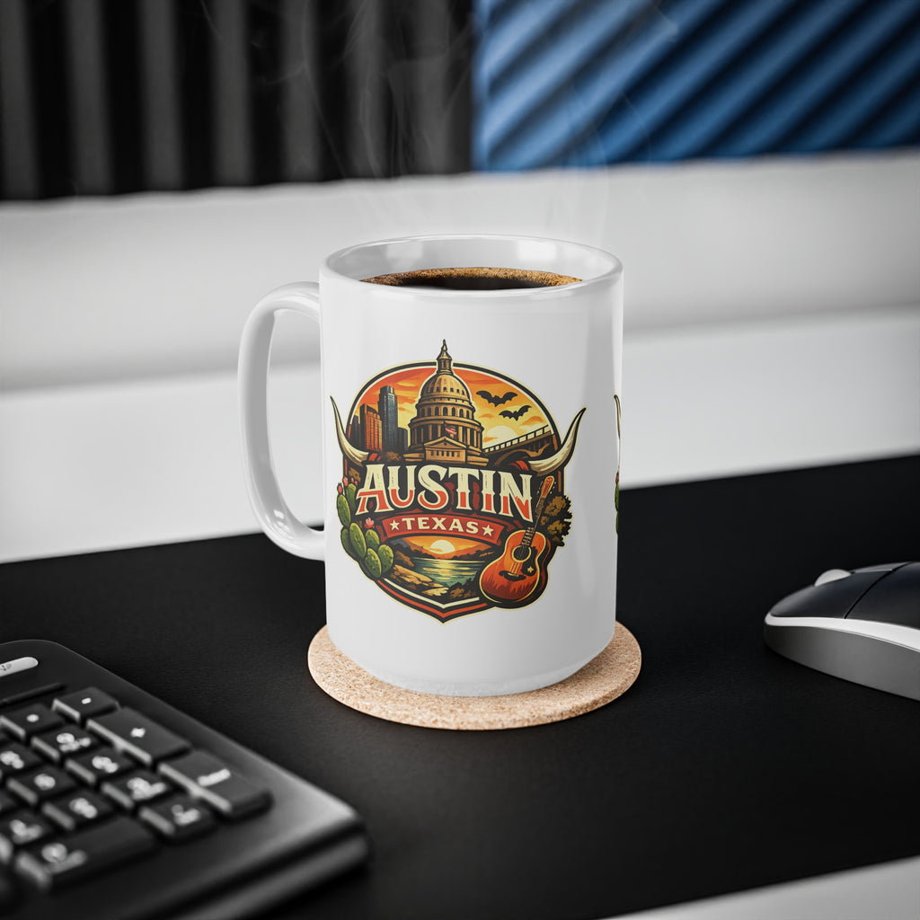 Austin Texas Coffee Mug — Vintage Capitol & Guitar Ceramic Mug (11oz/15oz)