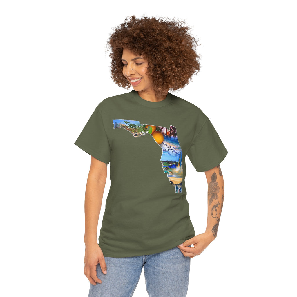 Florida State Shape T-Shirt — Scenic Beach & Sunset Map Tee