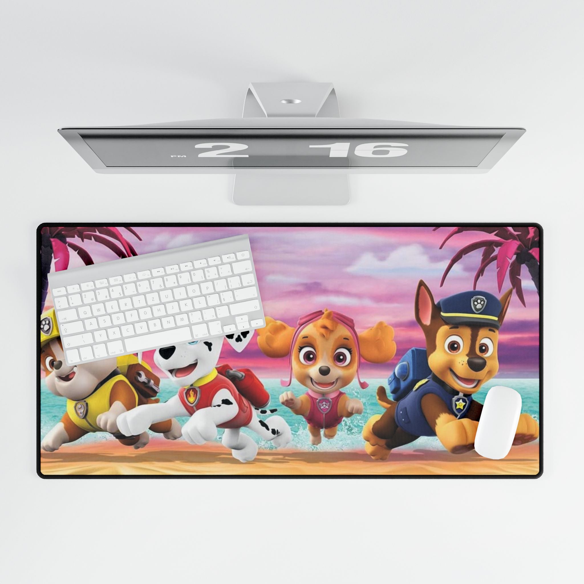 Kids' Beach Cartoon Desk Mat — Playful Paw Patrol Characters on Sunset