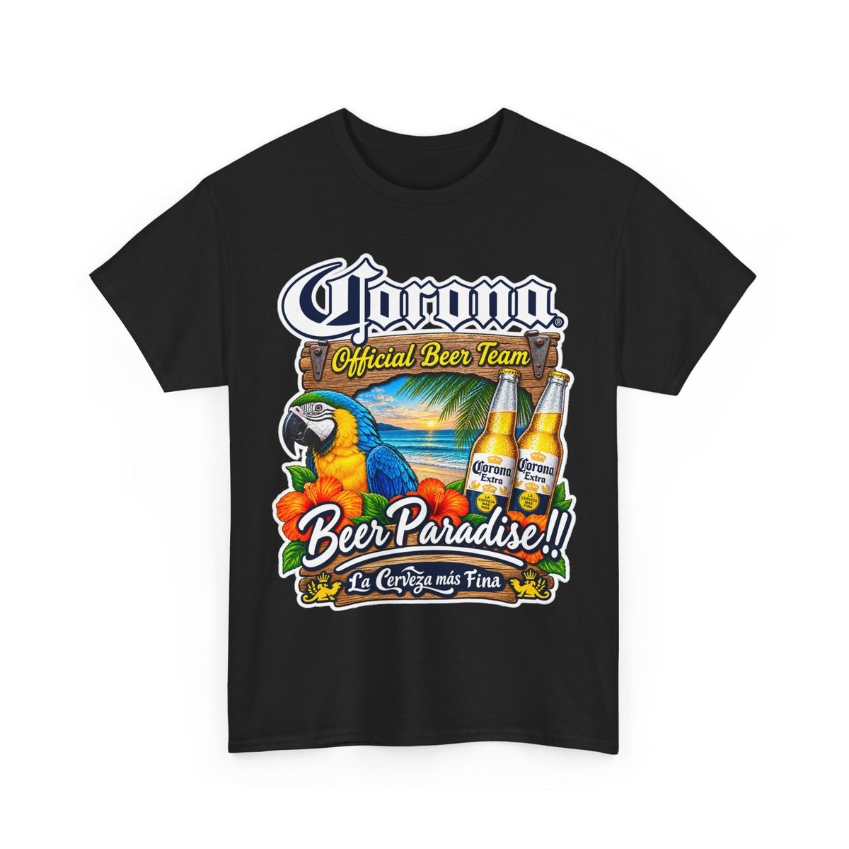 Corona Beer Paradise Tee — Tropical Parrot Beach Beer T‑Shirt