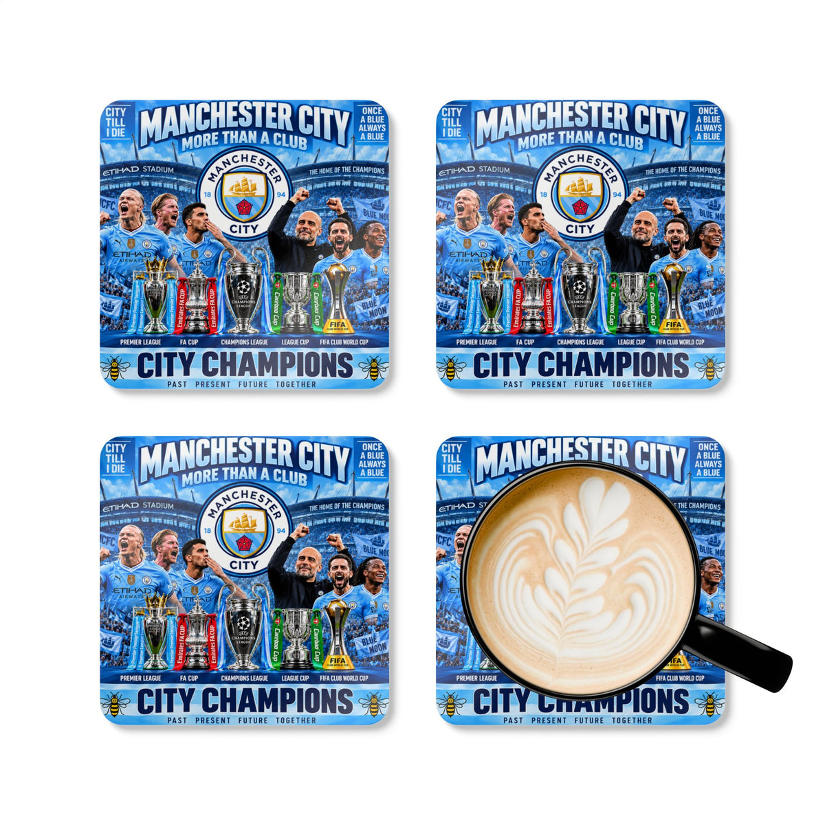 Manchester City Champions Corkwood Coaster Set — City Champions Football Team Drink Coasters