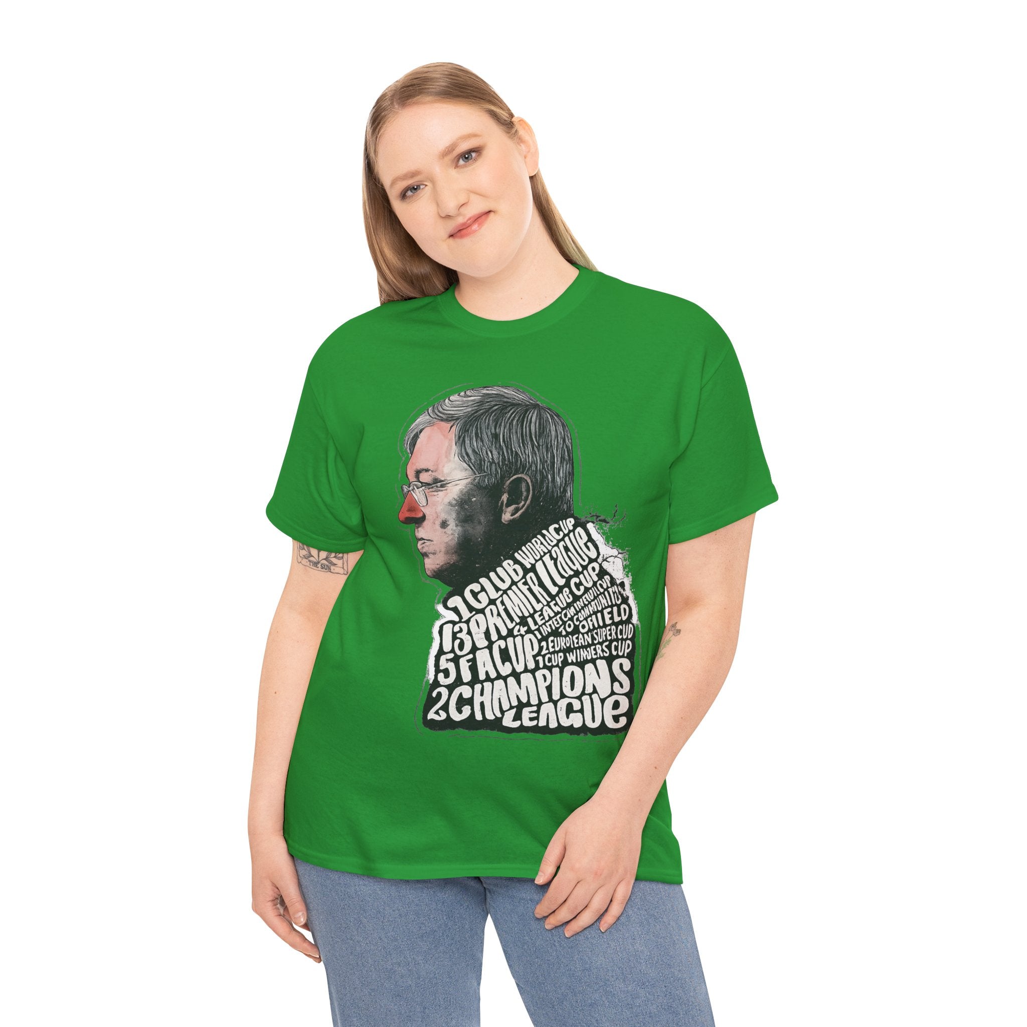 SIr Alex Ferguson Achievements Vintage Football Manager Profile Tee — Illustrated Head with Trophy Text Design