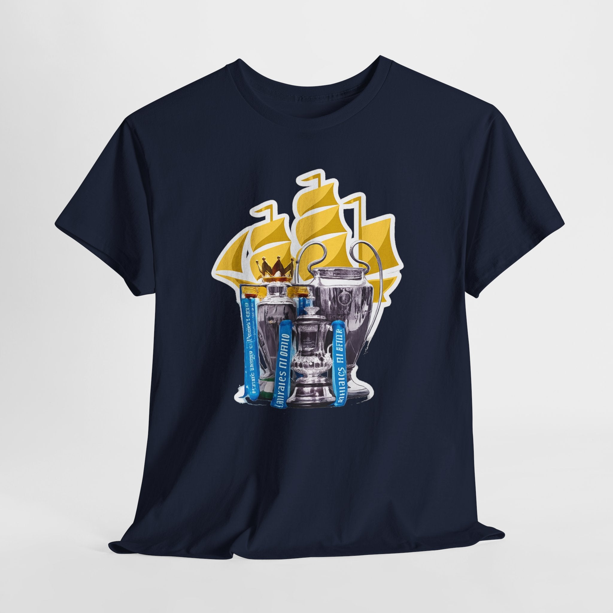 Manchester City Champions Trophy Tee – Golden Cups & Blue Scarves Football Fan Shirt