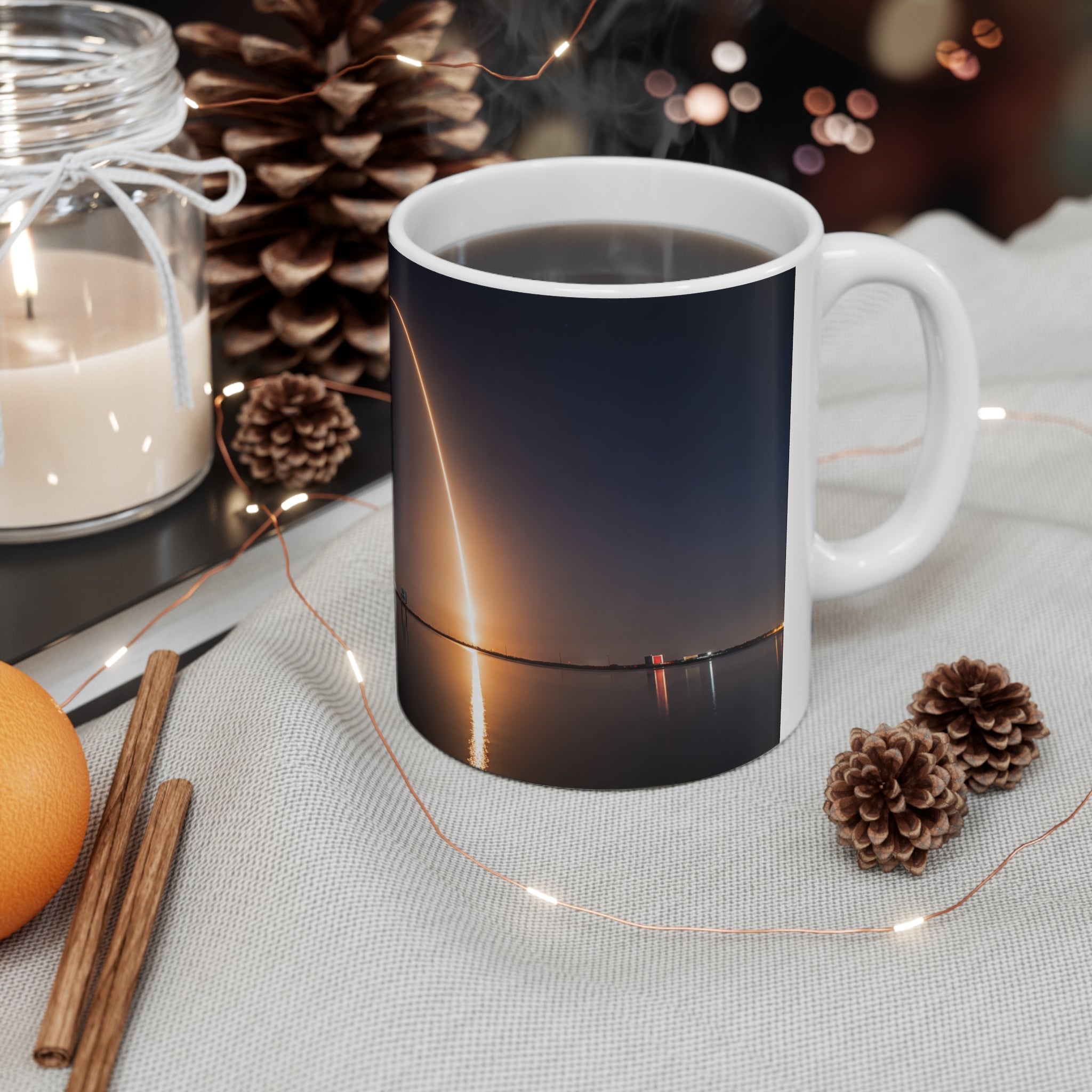 Night Rocket Launch Photo, Atmospheric Space Glow Ceramic Mug — (11oz & 15oz)
