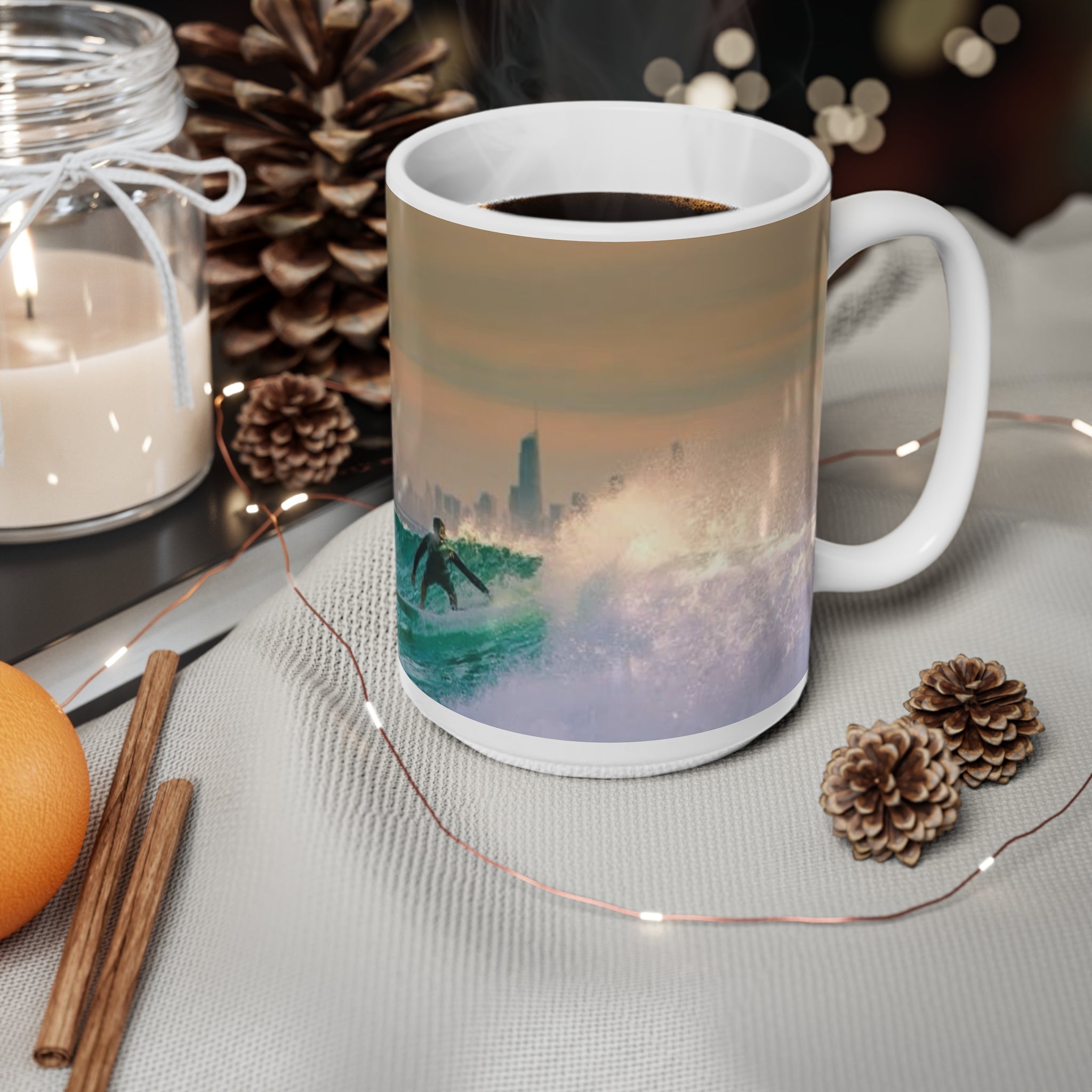 Surfer City Skyline Ceramic Coffee Mug – Ocean Wave Sunrise 11oz & 15oz
