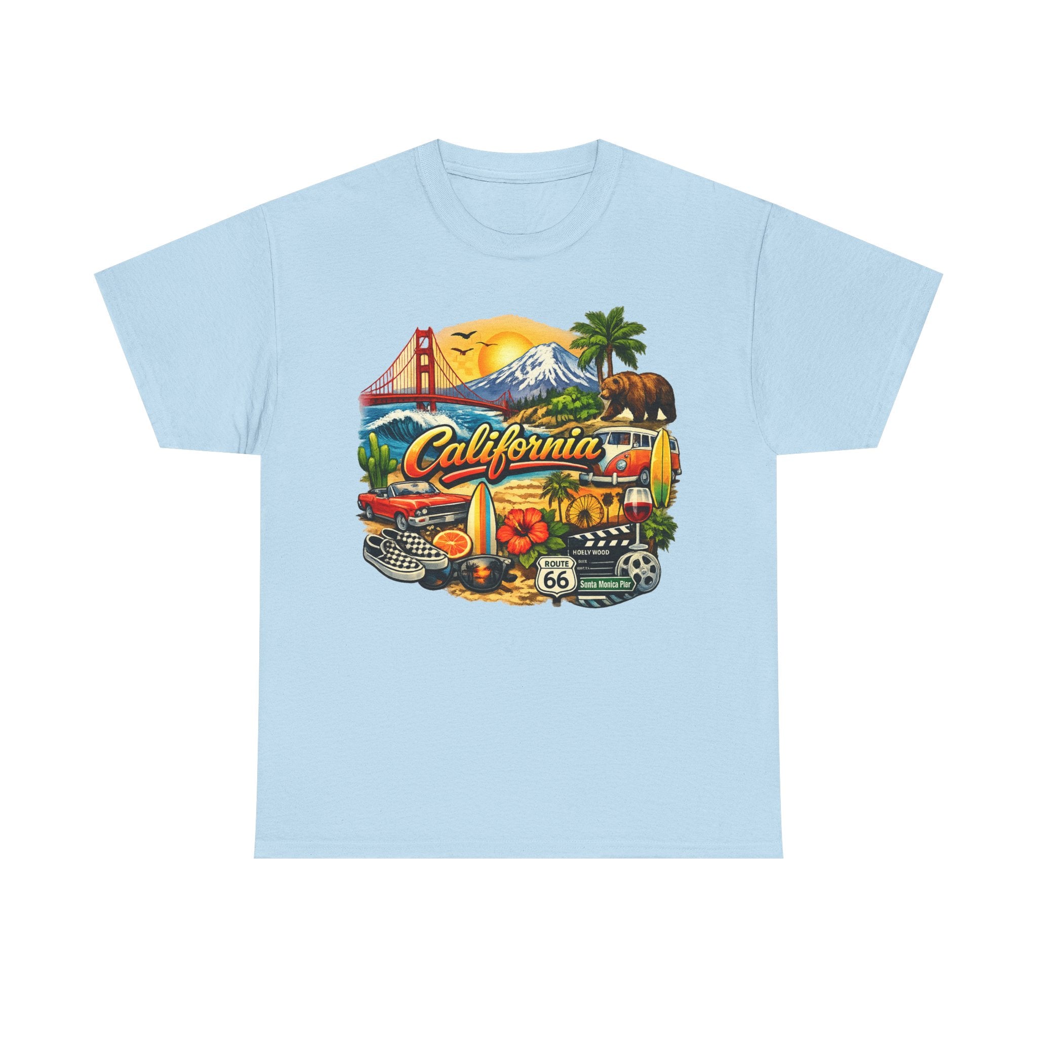 California Vintage Travel T-Shirt — Golden Gate, Palm Trees & Route 66 Tee