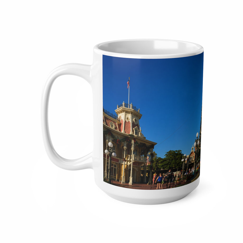 Magic Kingdom Town Square Christmas Mug — Festive Tree & Main Street Ceramic Coffee Cup (11oz, 15oz)