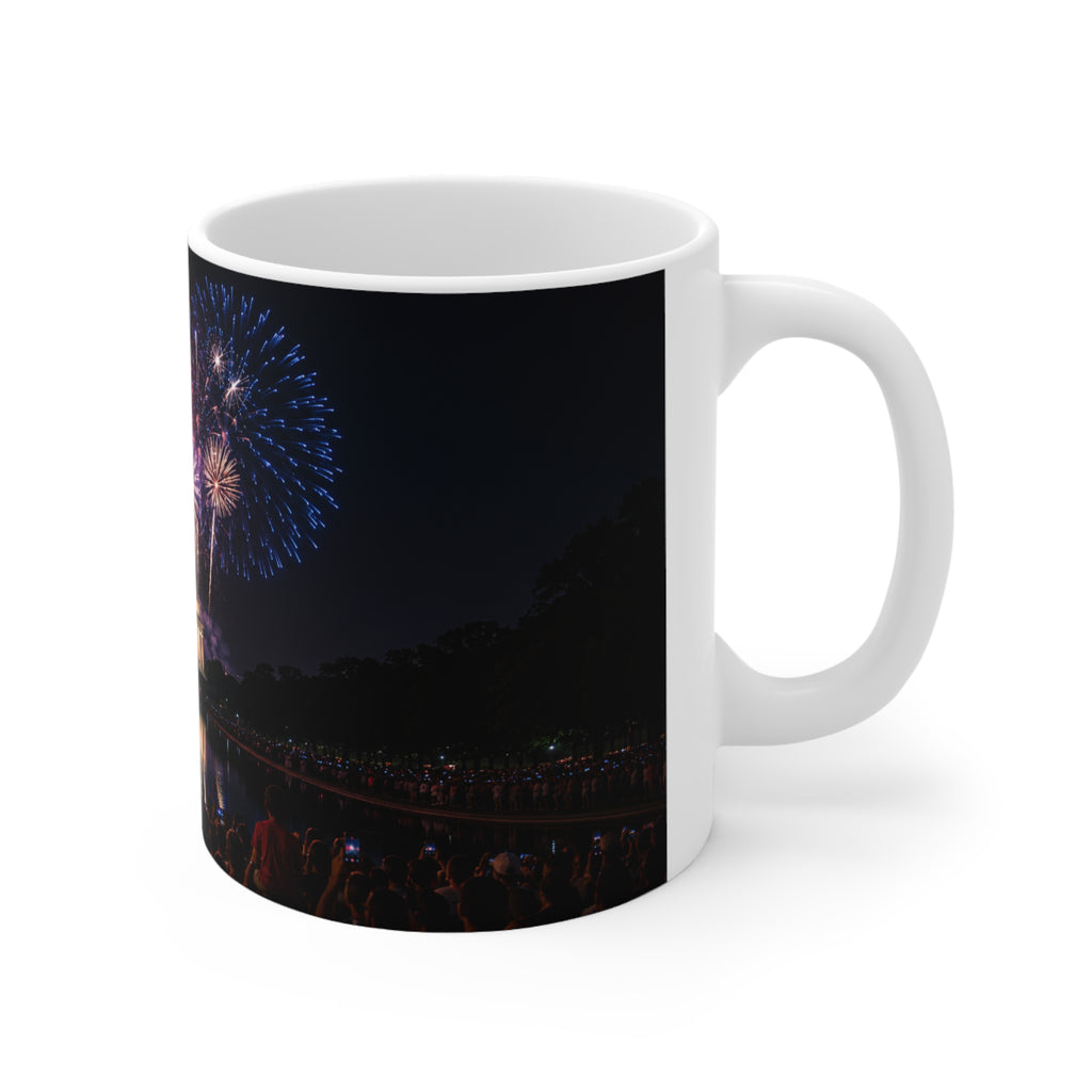 Fourth of July Fireworks Coffee Mug — Patriotic American Flag & Capitol Night Sky (11oz/15oz)