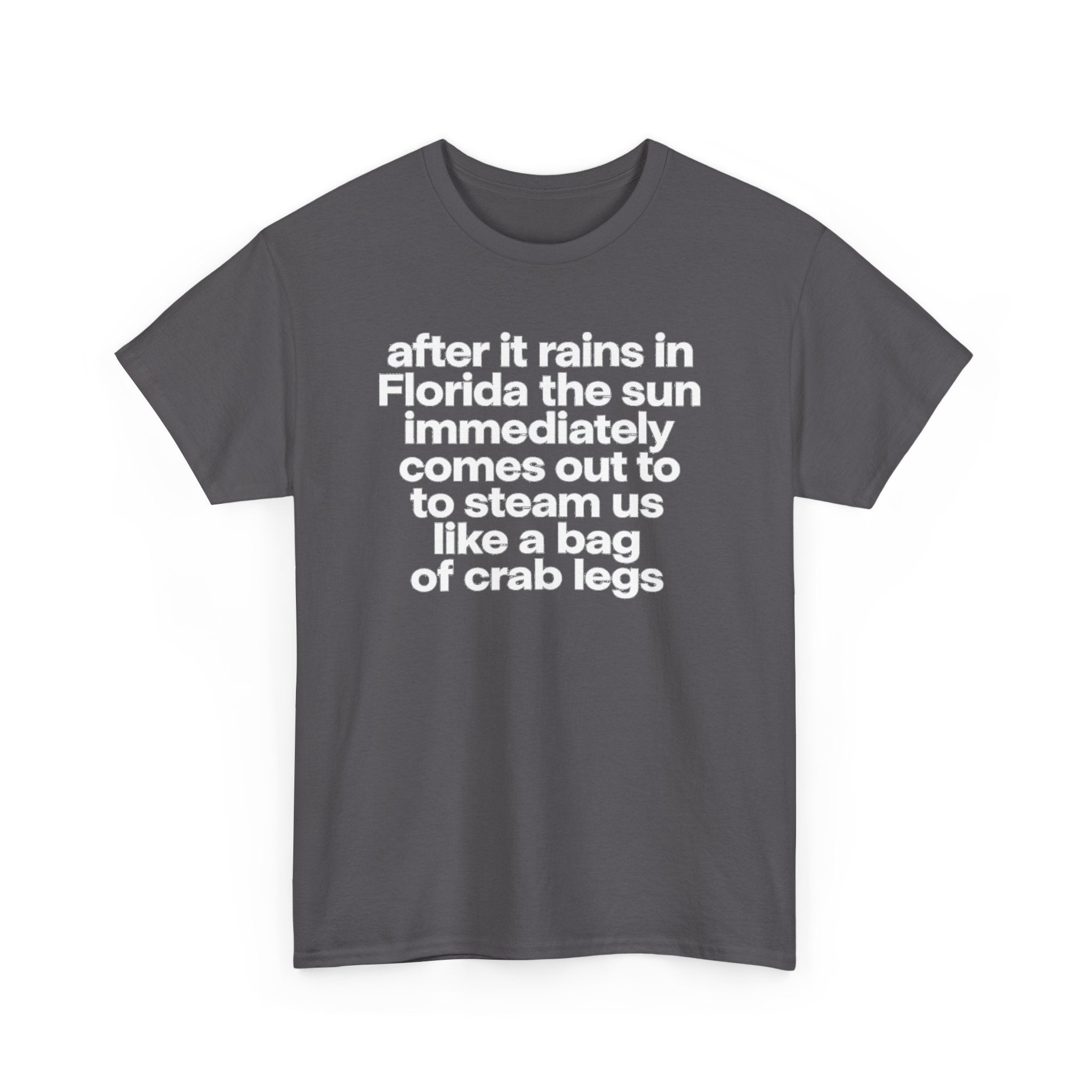 T-Shirt — "after it rains in Florida the sun immediately comes out to steam us like a bag of crab legs" Funny Florida Weather Tee