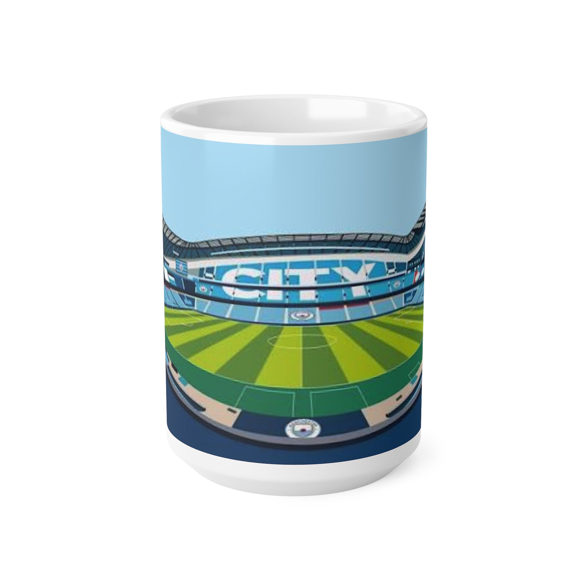 Manchester City Etihad Stadium Panorama Mug — Soccer Pitch Ceramic Coffee Cup (11oz & 15oz)