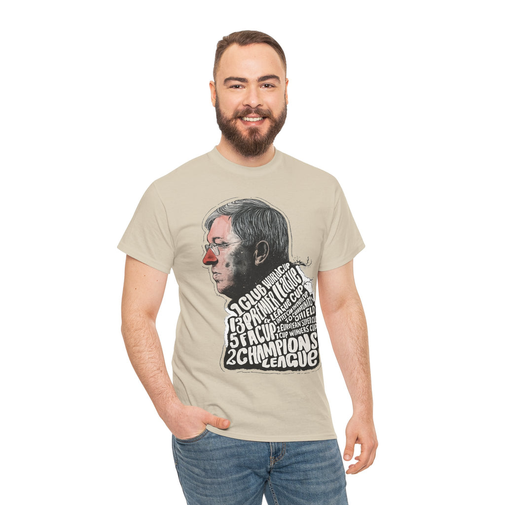SIr Alex Ferguson Achievements Vintage Football Manager Profile Tee — Illustrated Head with Trophy Text Design