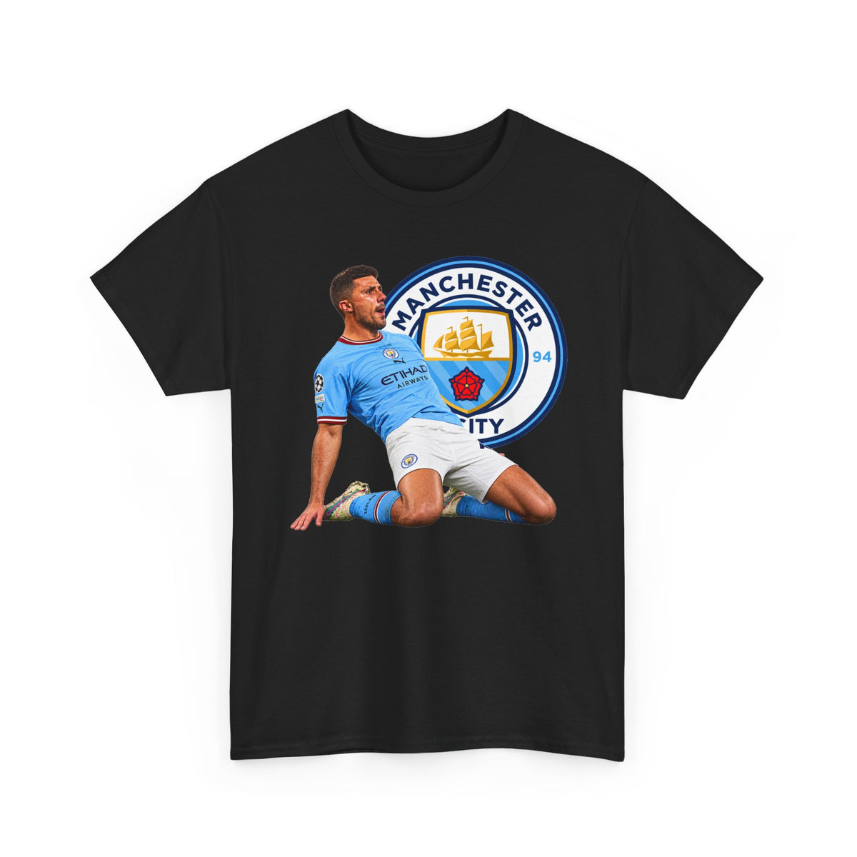 Rodri Manchester City Legend Cotton T-Shirt – Celebratory Slide Graphic Tee