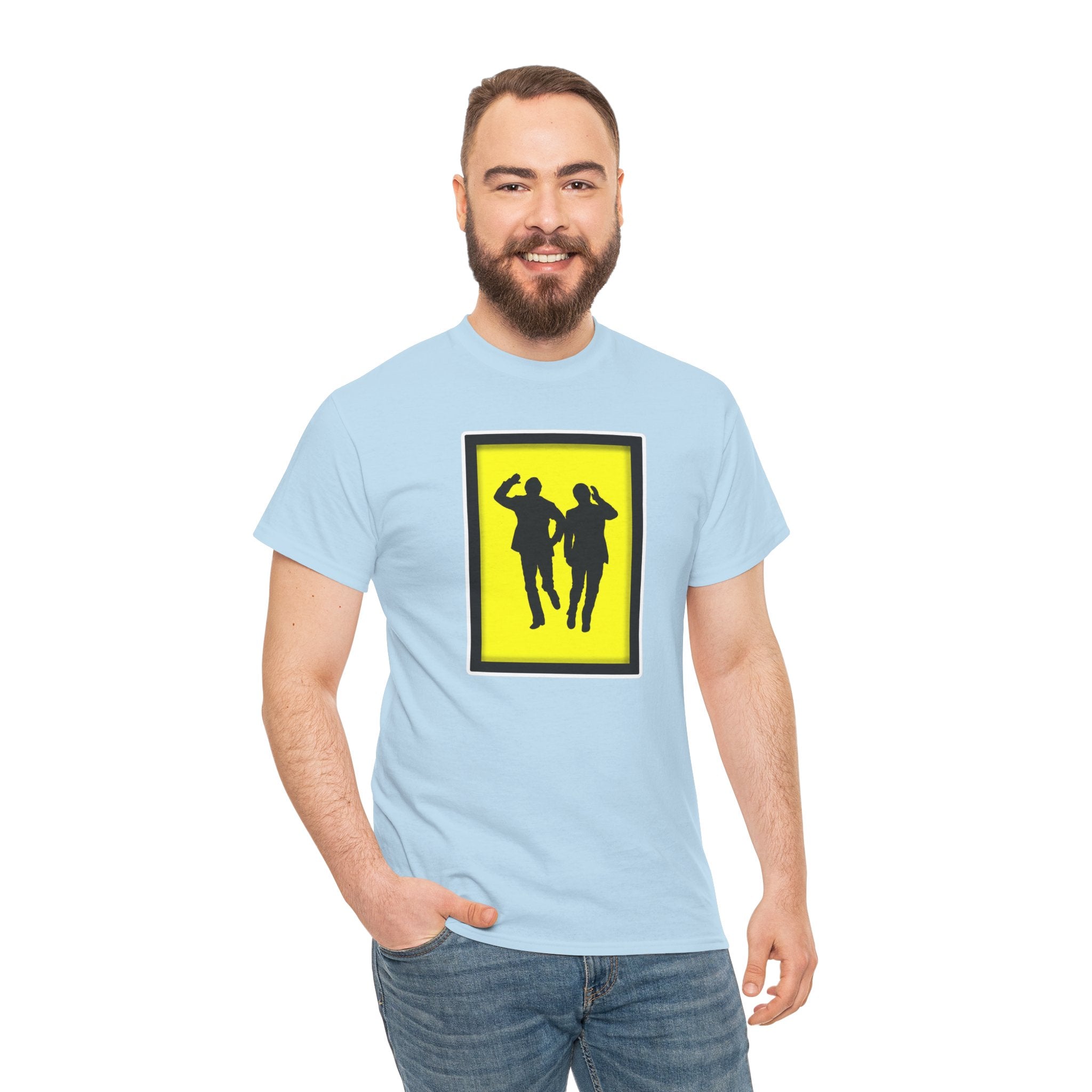 Morecambe and Wise Dancing Silhouette Tee – Retro Yellow Frame Graphic T-Shirt