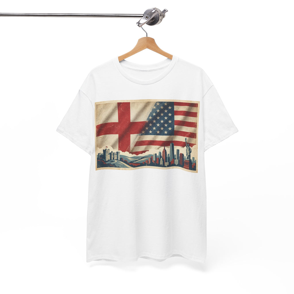 England + USA Flag Skyline T-Shirt — Vintage London & New York City Pride Tee