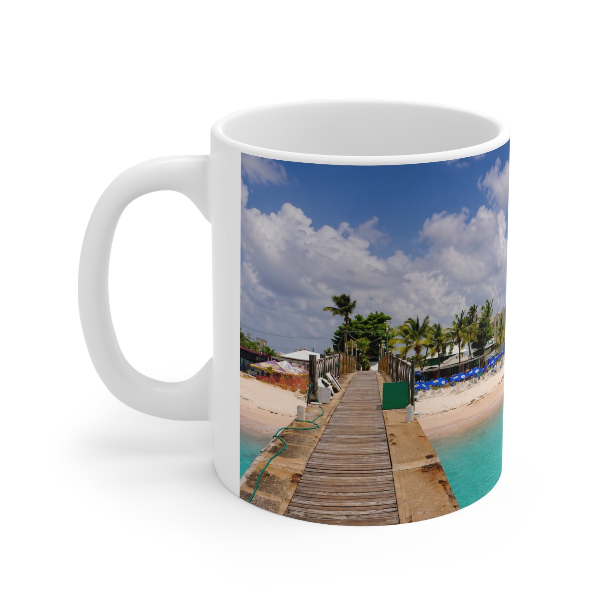 Barbados Tropical Beach Photo Mug — Scenic Dock Over Turquoise Water, 11oz & 15oz Ceramic Coffee Cup