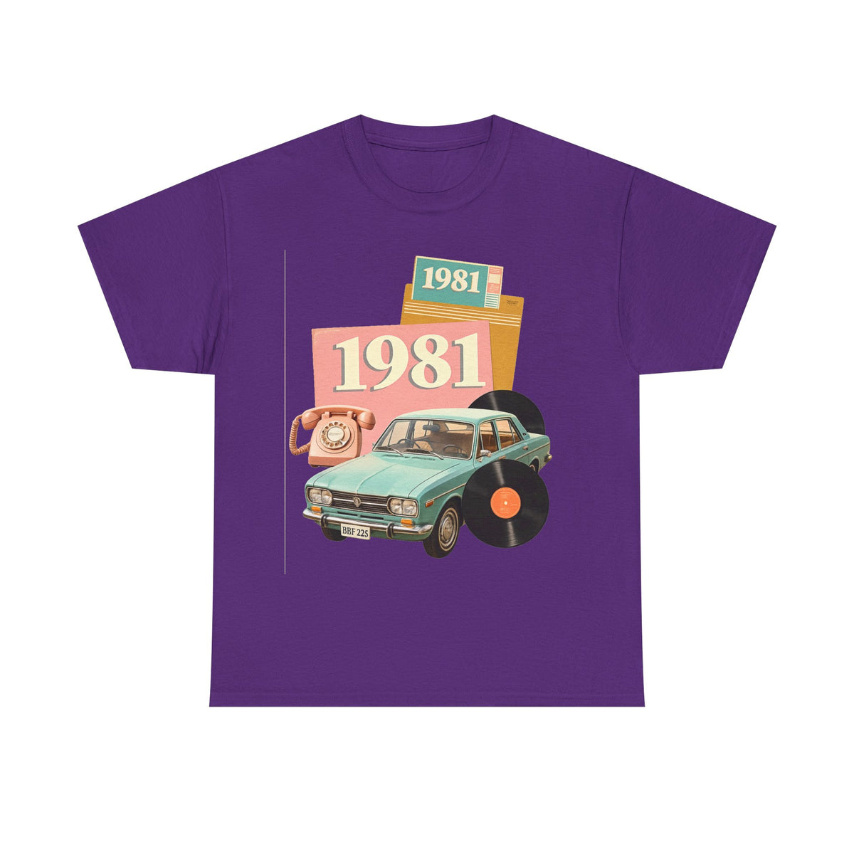 1981 Retro Car Tee — Vintage 80s Birthday T-Shirt with Record & Telephone Design