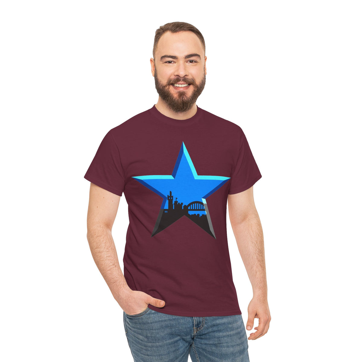 Newcastle City Skyline Star Retro Cotton T-Shirt — Blue Star with Urban Skyline Graphic