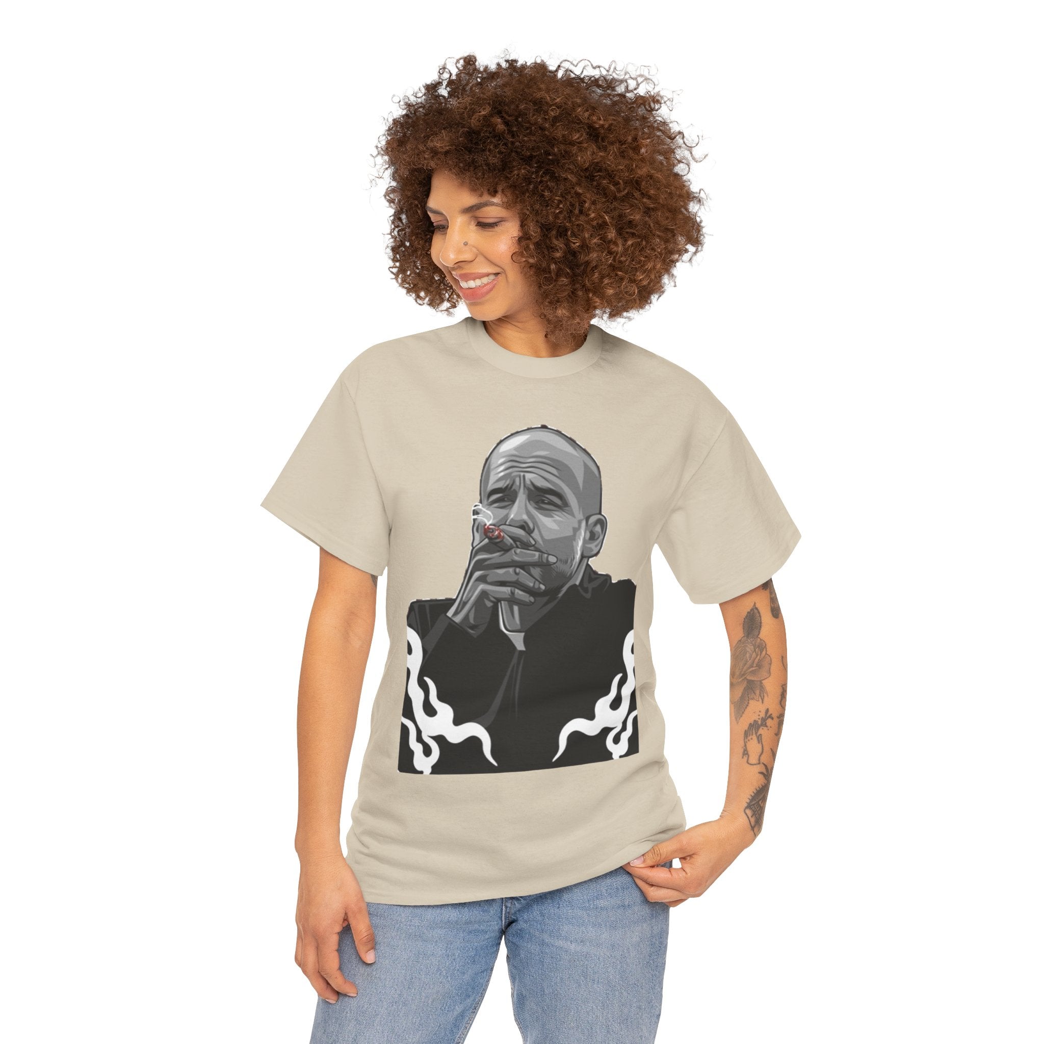 Pep Guardiola Smoking Portrait T‑Shirt — Moody Graphic Tee