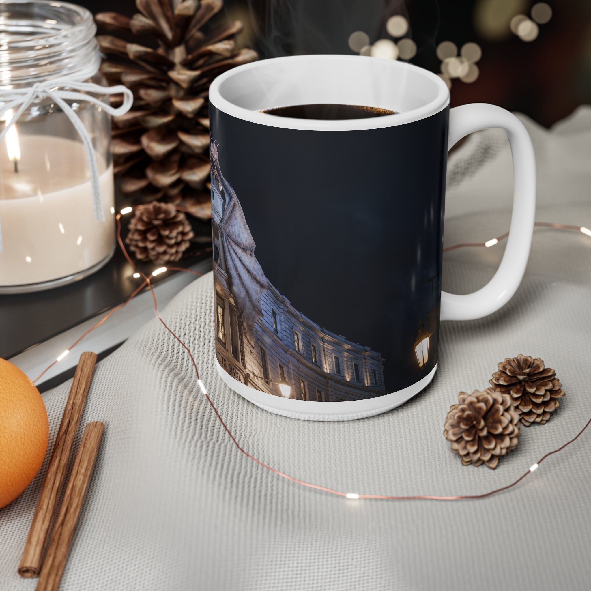 Dragon Perched on Rooftop Ceramic Coffee Mug — Gothic Night Fantasy 11oz/15oz
