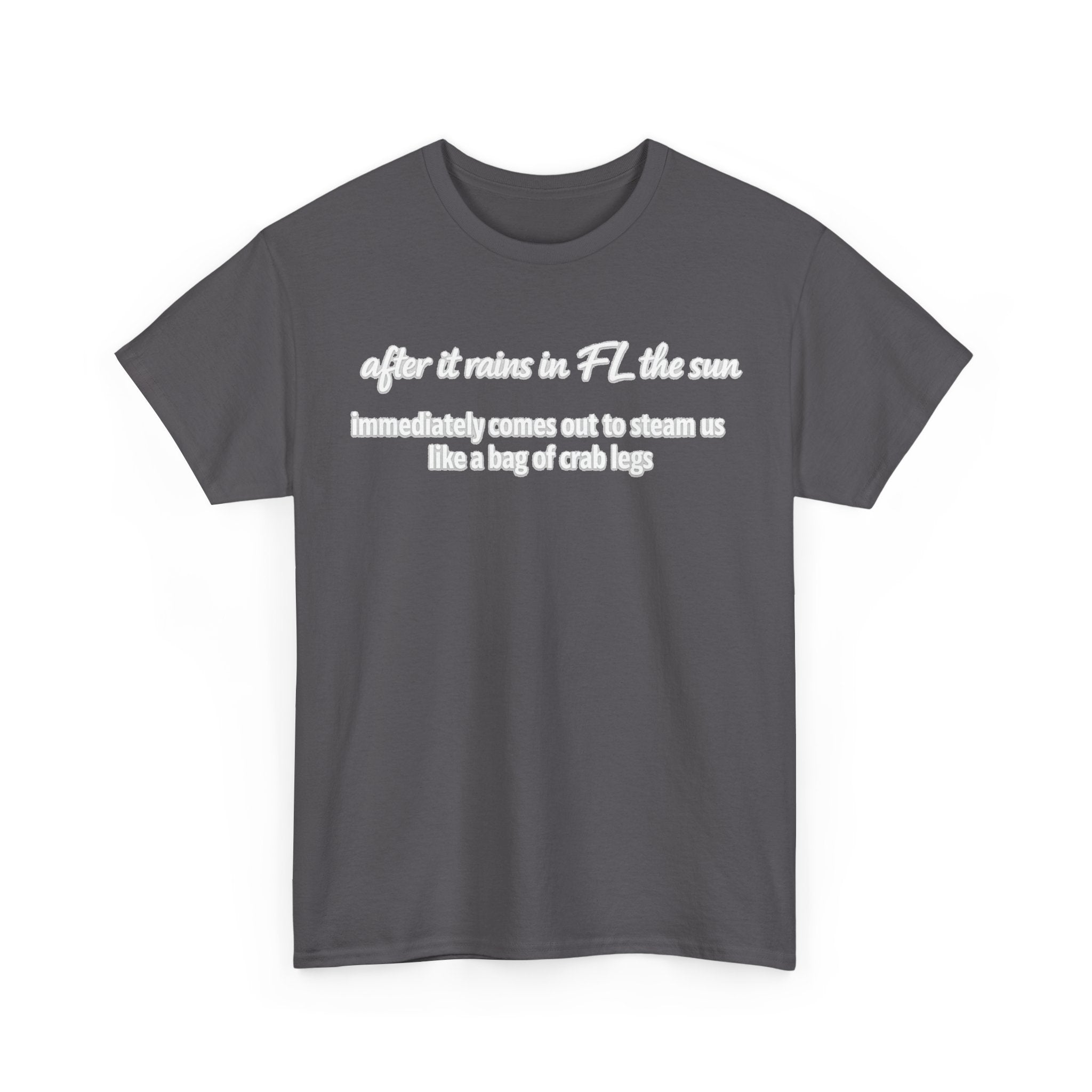 Florida Heat Tee — "after it rains in FL the sun immediately comes out to steam us like a bag of crab legs"