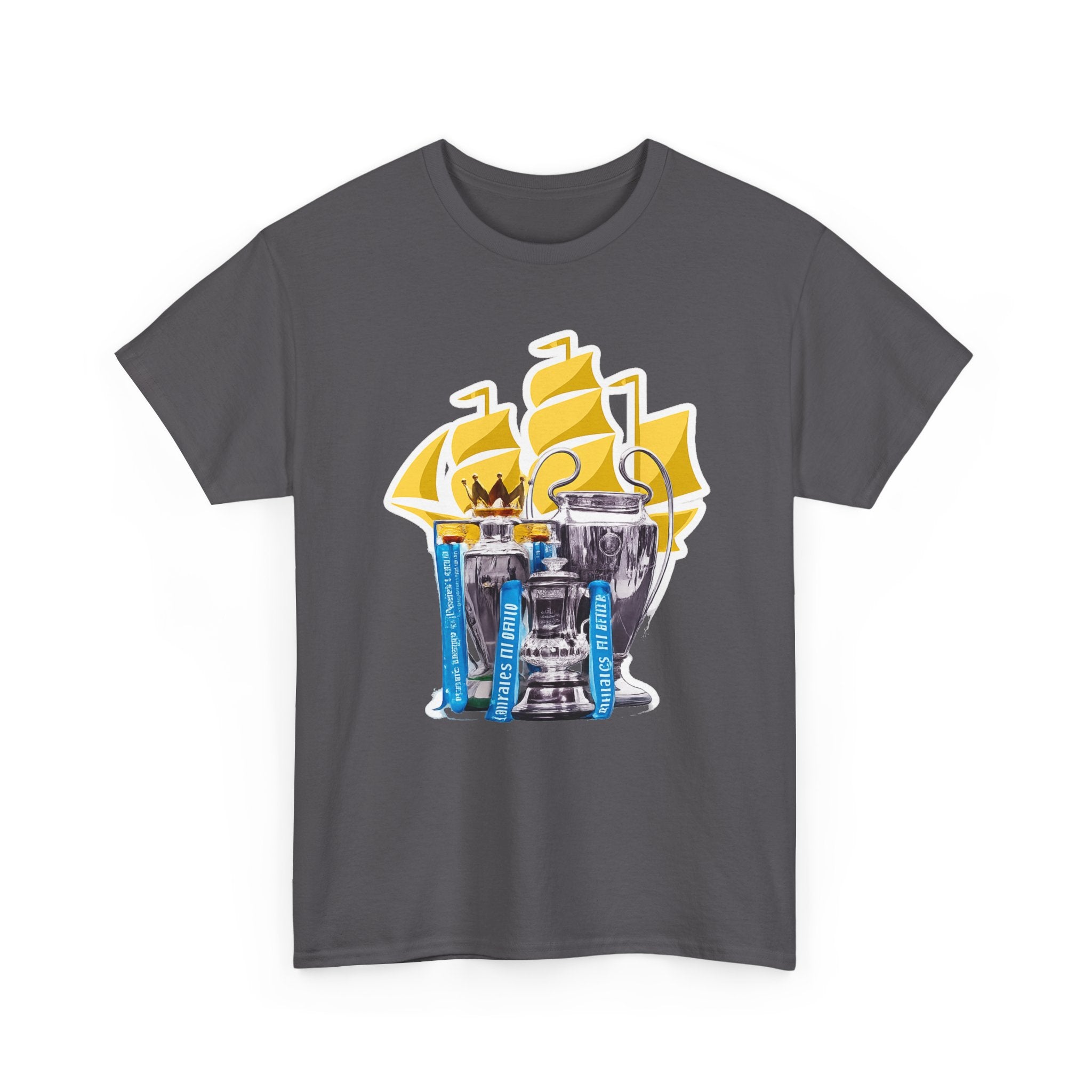 Manchester City Champions Trophy Tee – Golden Cups & Blue Scarves Football Fan Shirt
