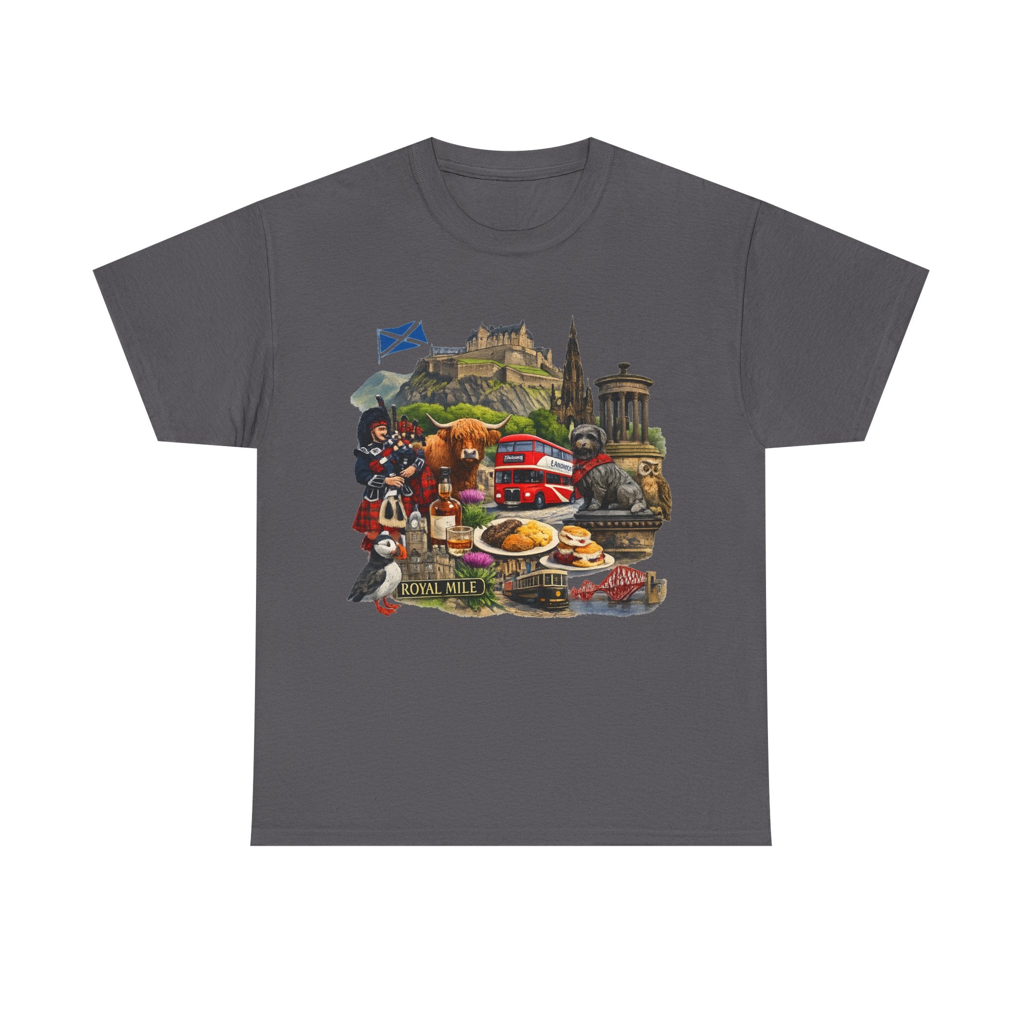 Scotland / Edinburgh Travel Collage T-Shirt — Edinburgh Castle, Bagpipes & Local Icons