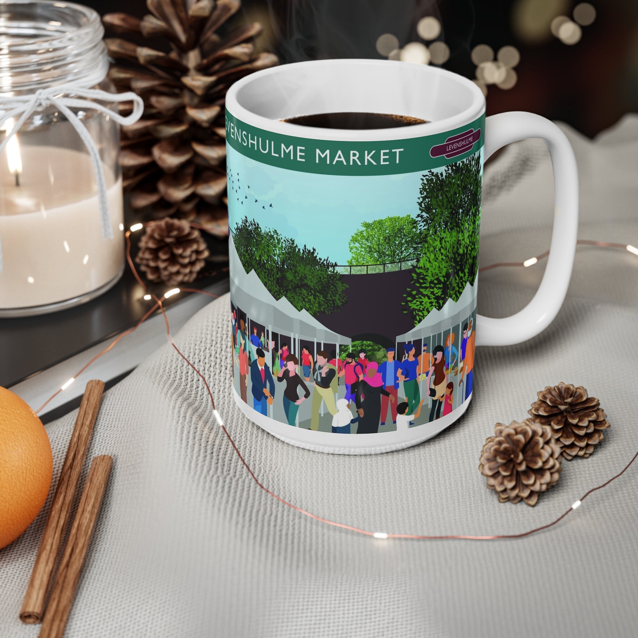 Levenshulme Market Ceramic Coffee Mug – 11oz & 15oz Illustrated Market Scene