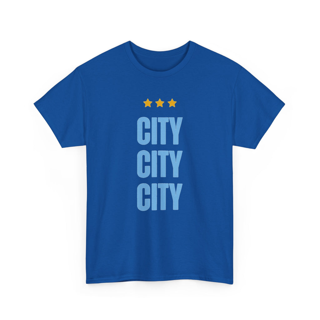 Manchester City City City Tee — Minimal Skyline Graphic T‑Shirt with Three Stars