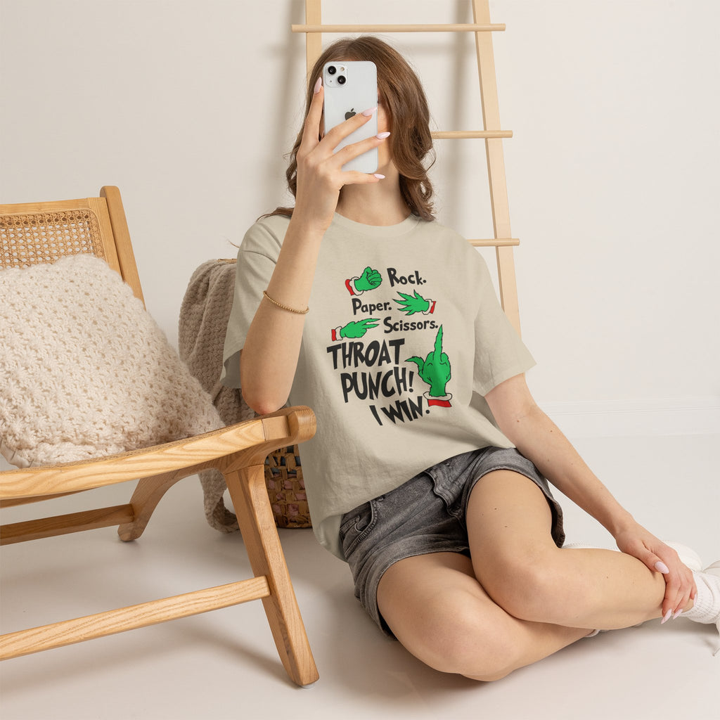 Funny Holiday Tee — "Rock. Paper. Scissors. Throat Punch! I Win" Graphic T-Shirt