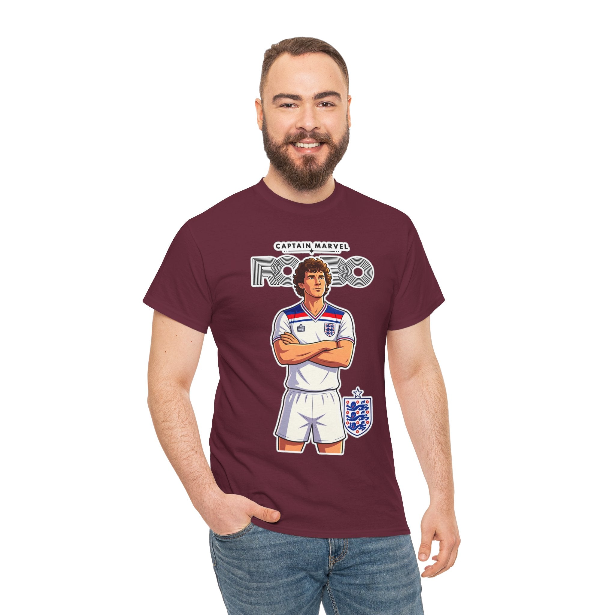 Bryan Robson Retro England Football Cotton T-Shirt / Tee — "Captain Marvel" Soccer Player Graphic