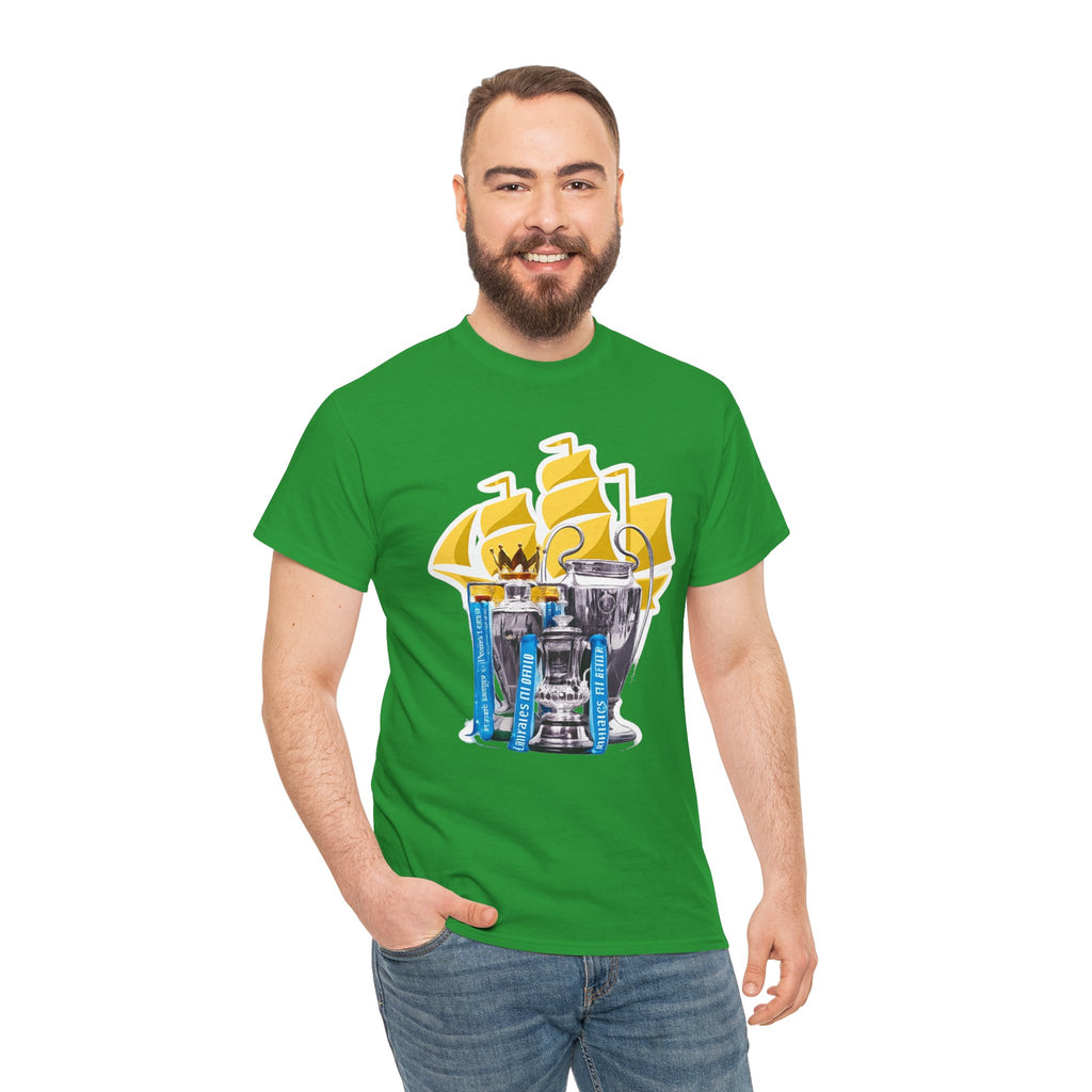 Manchester City Champions Trophy Tee – Golden Cups & Blue Scarves Football Fan Shirt