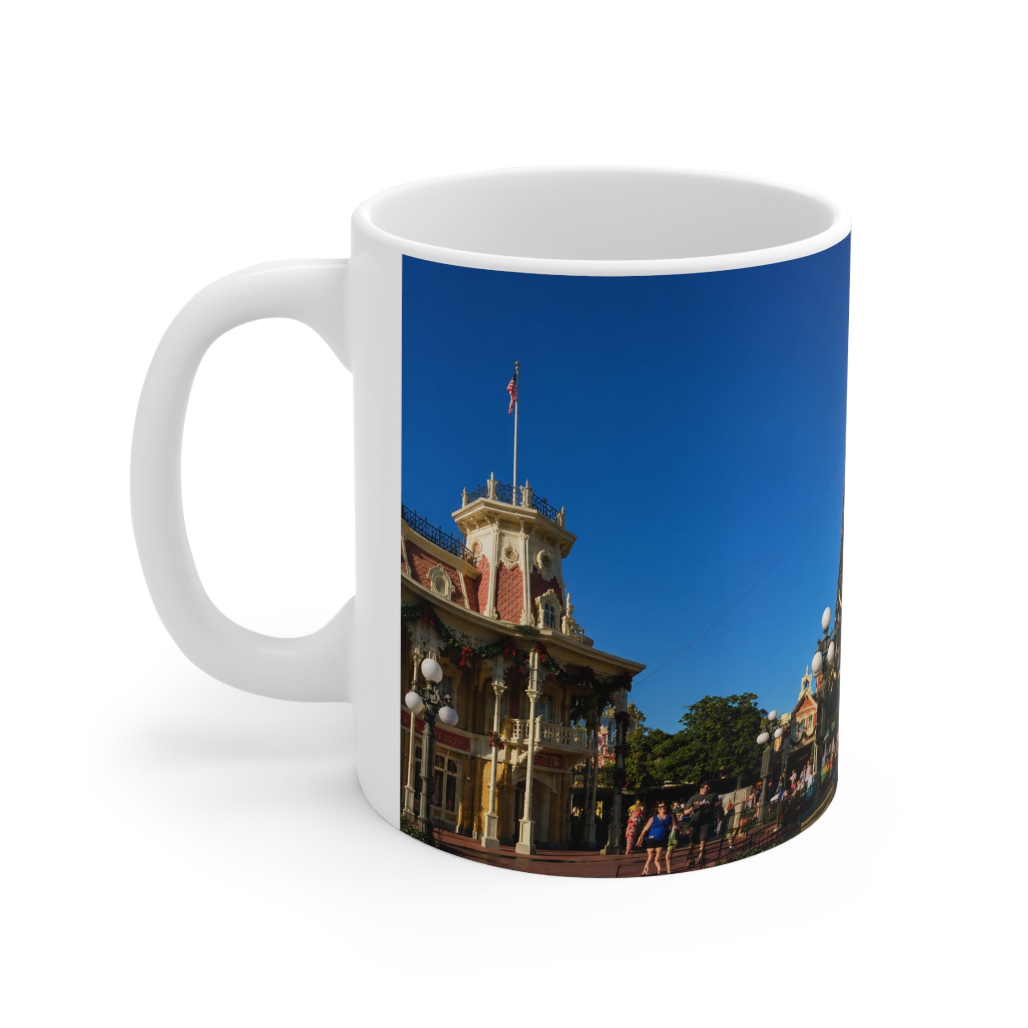 Magic Kingdom Town Square Christmas Mug — Festive Tree & Main Street Ceramic Coffee Cup (11oz, 15oz)