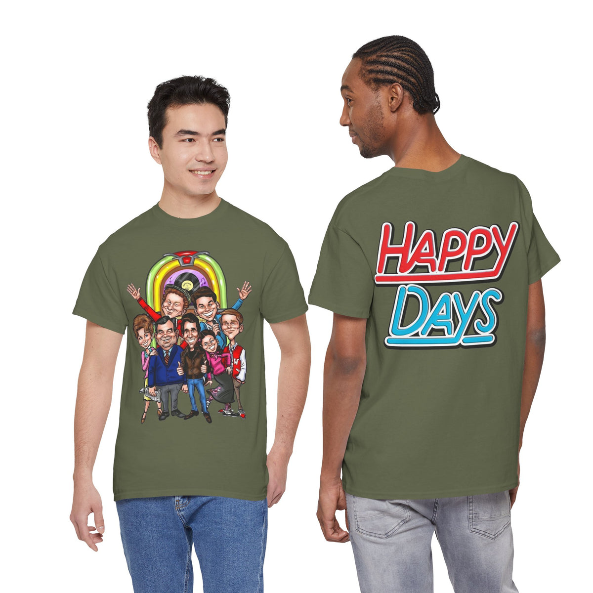 Happy Days Cast Caricature Tee — Retro 70s Sitcom Graphic T-Shirt