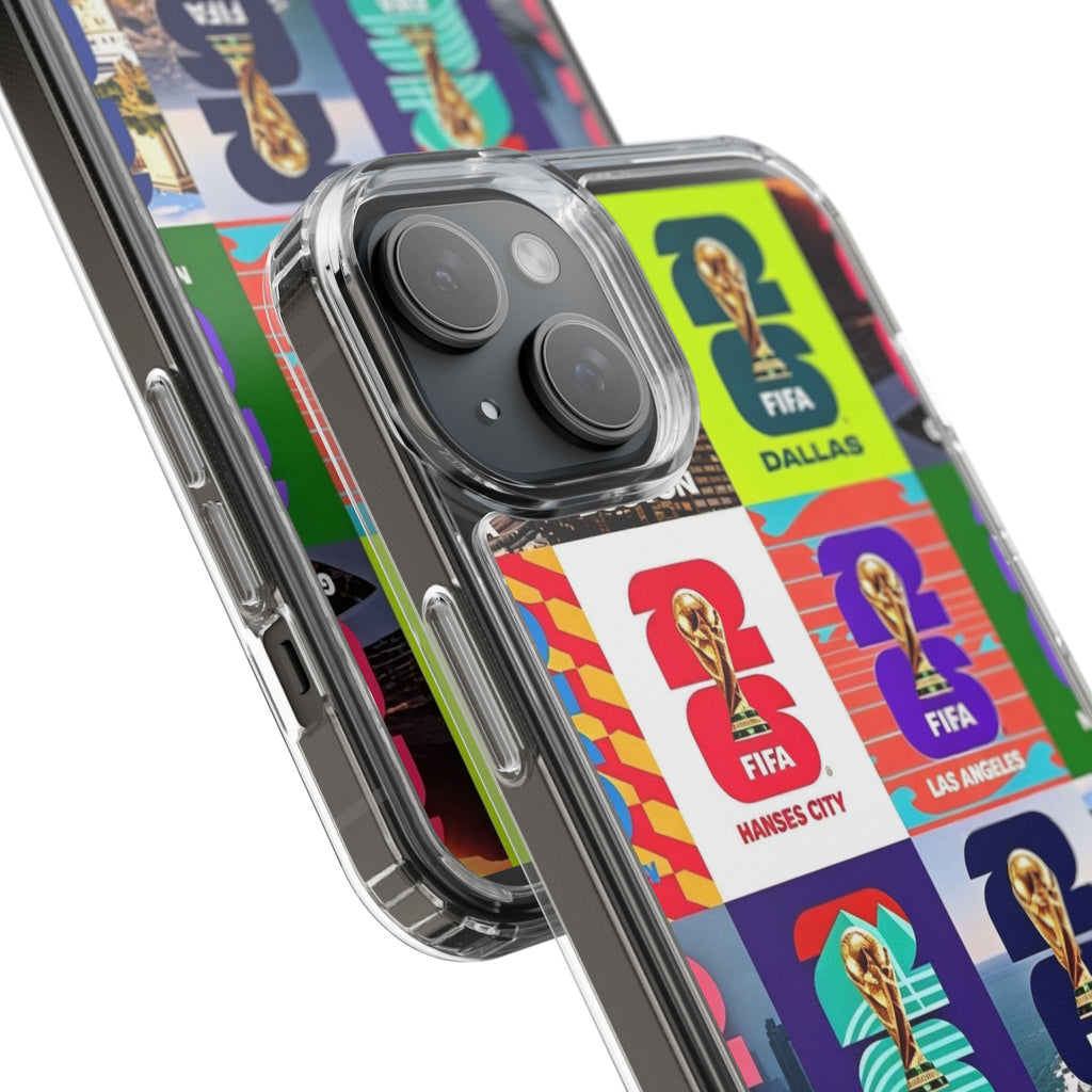 FIFA World Cup Pop Art Clear Phone Case — City Badge Collage (Dallas, LA, Monterrey, Toronto, Seattle)