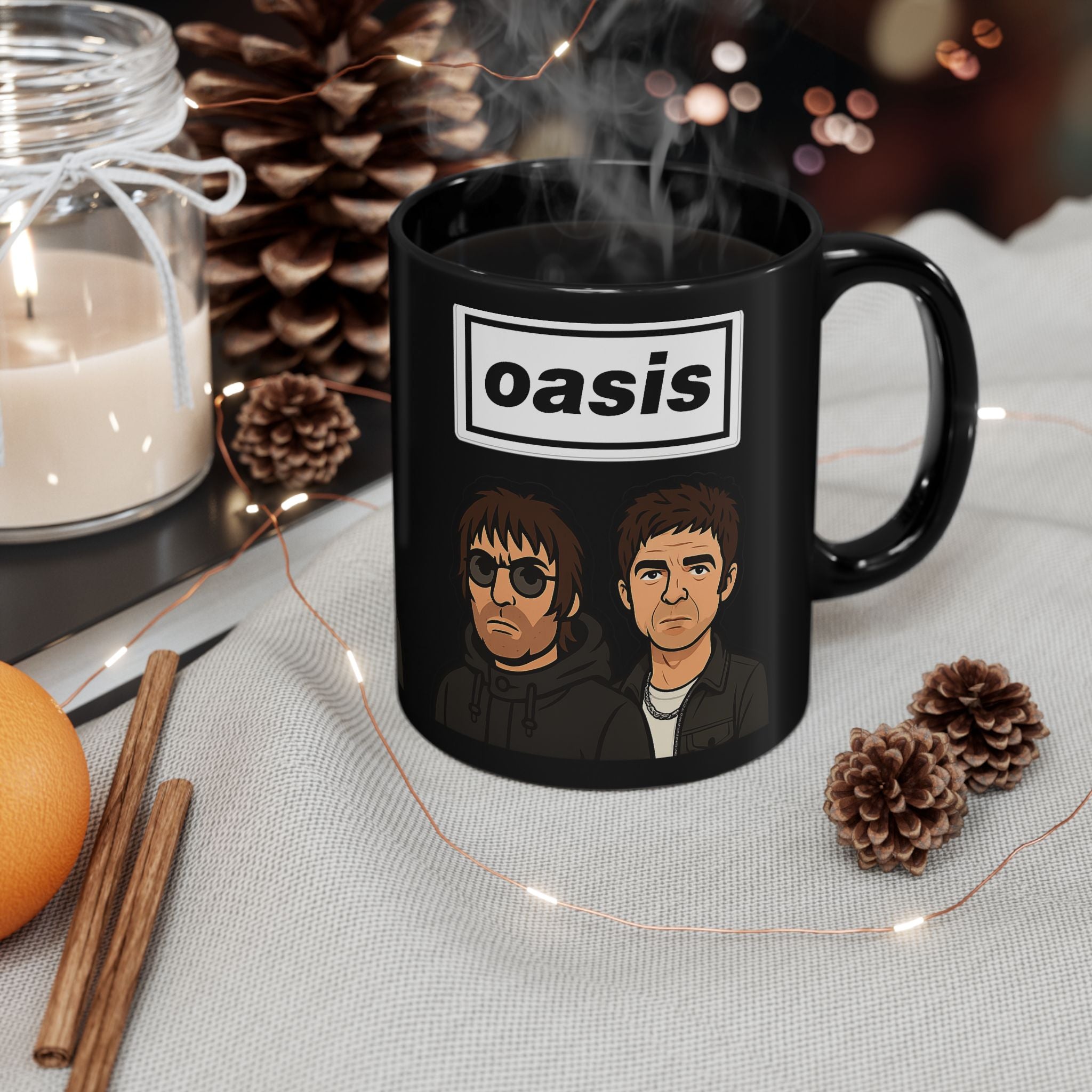 Oasis Inspired Cartoon Band Black Mug — Liam & Noel Ceramic Coffee Cup (11oz/15oz)